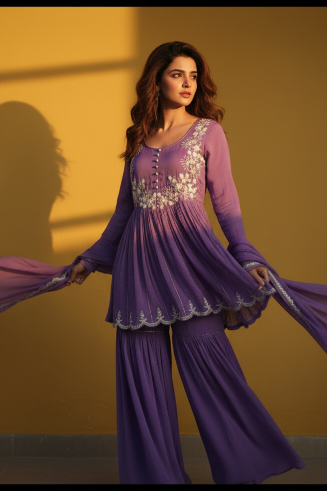 Purple Georgette Embroidered Kurta Palazzo Set with Dupatta