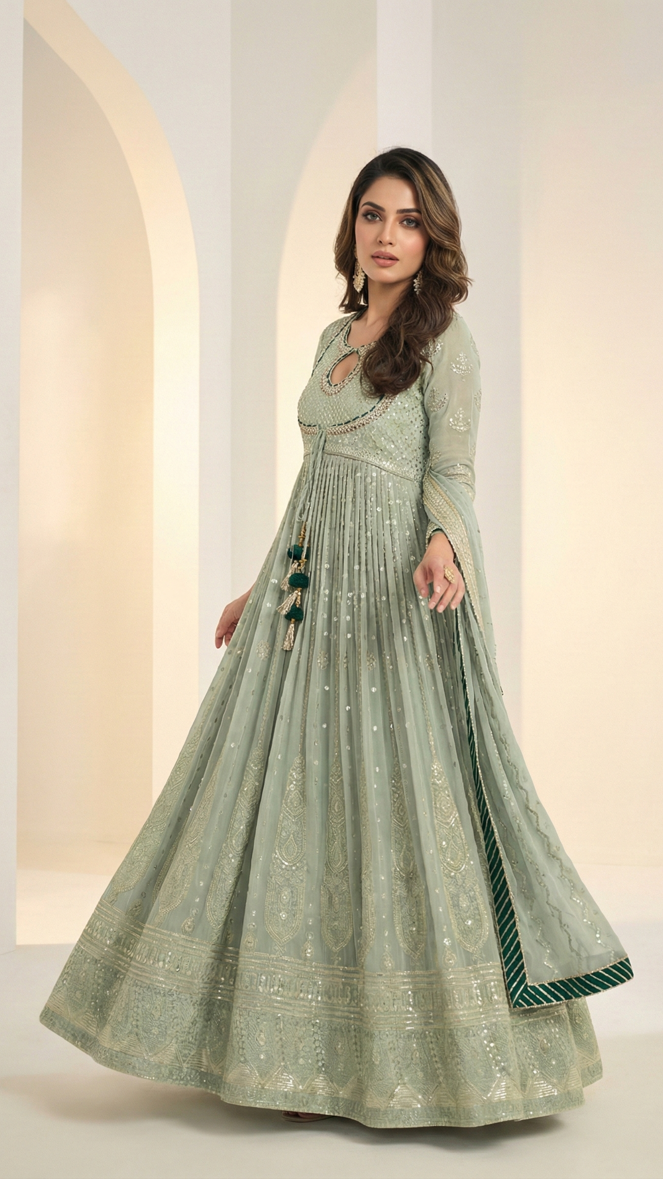 Premium Real Georgette Lucknowi Chikankari Heavy Embroidered Festive Gown with Dupatta (Free Size)