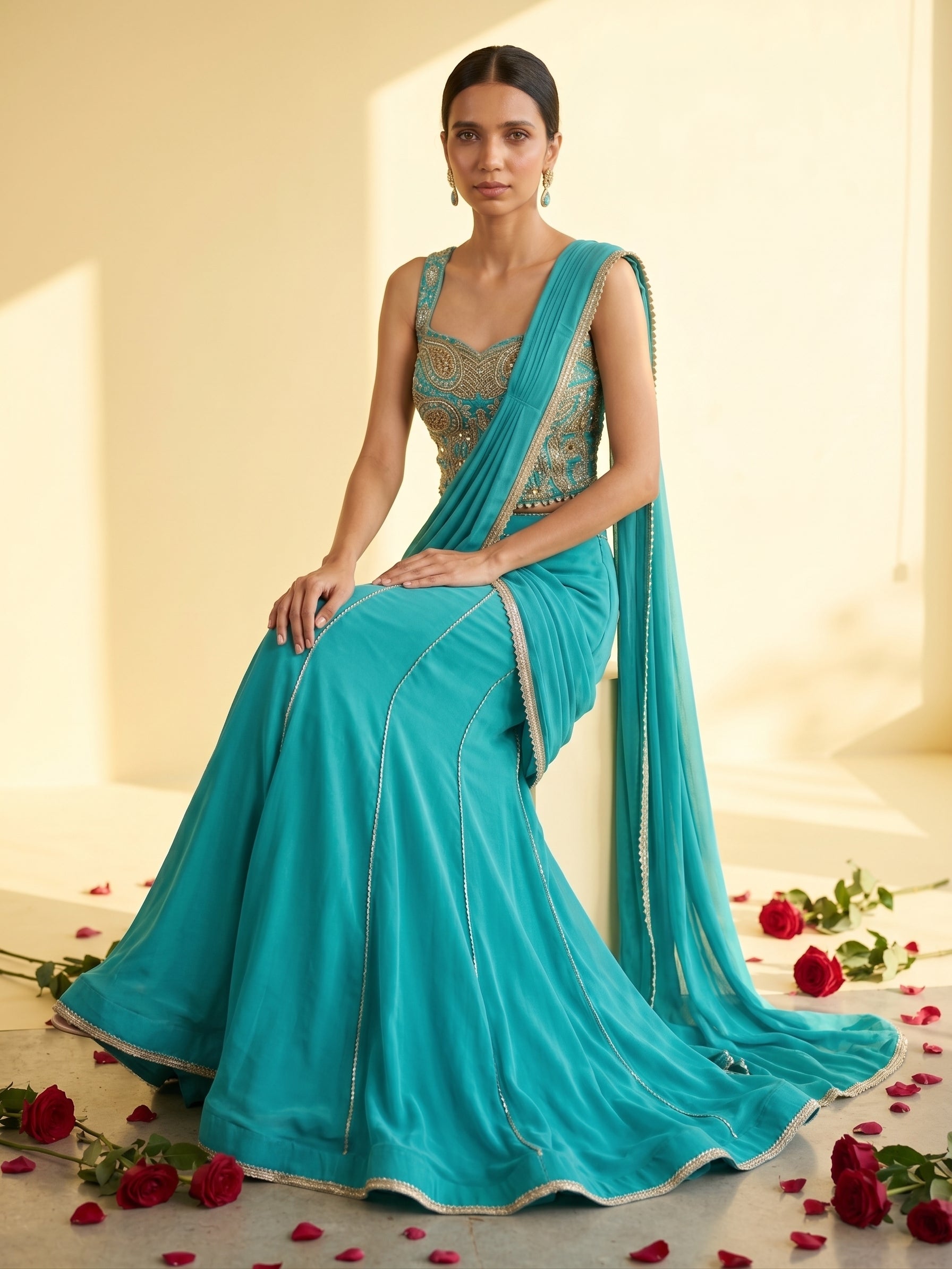 Fuchsia Pink & Turquoise Chinnon Drape Saree with Handwork Corset Blouse