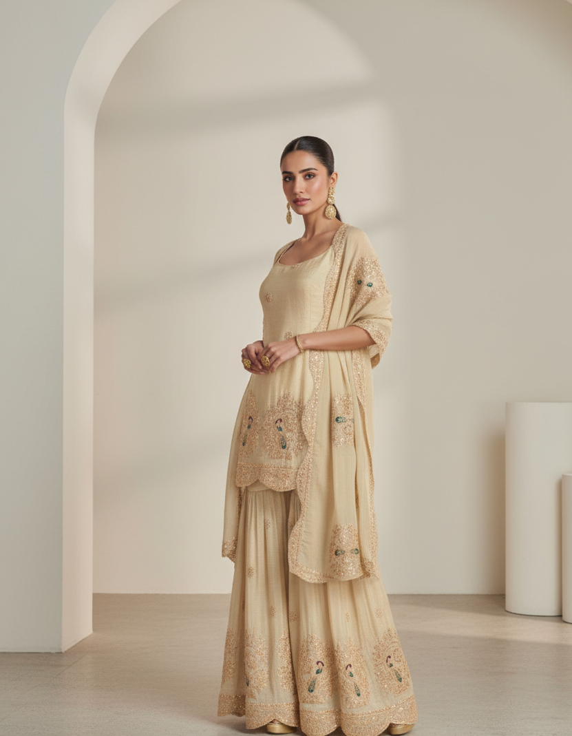 Ivory Gold Premium Chinon & Simar Silk Heavy Embroidered Gharara Set with Dupatta