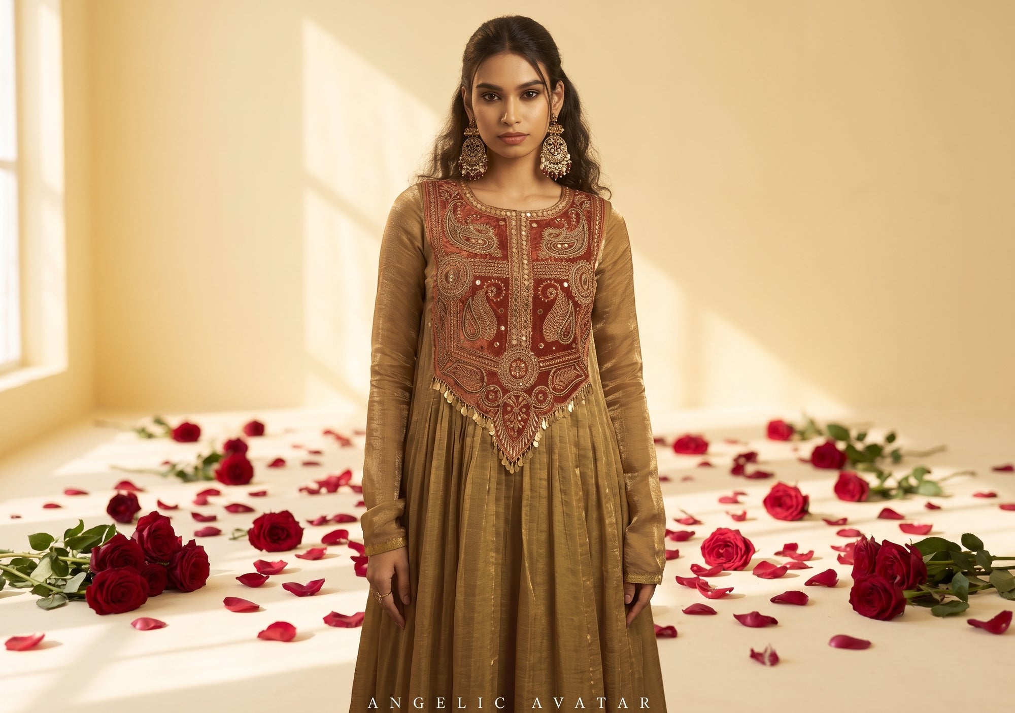Antique Gold Organza Anarkali with Rust Paisley Embroidered Bodice