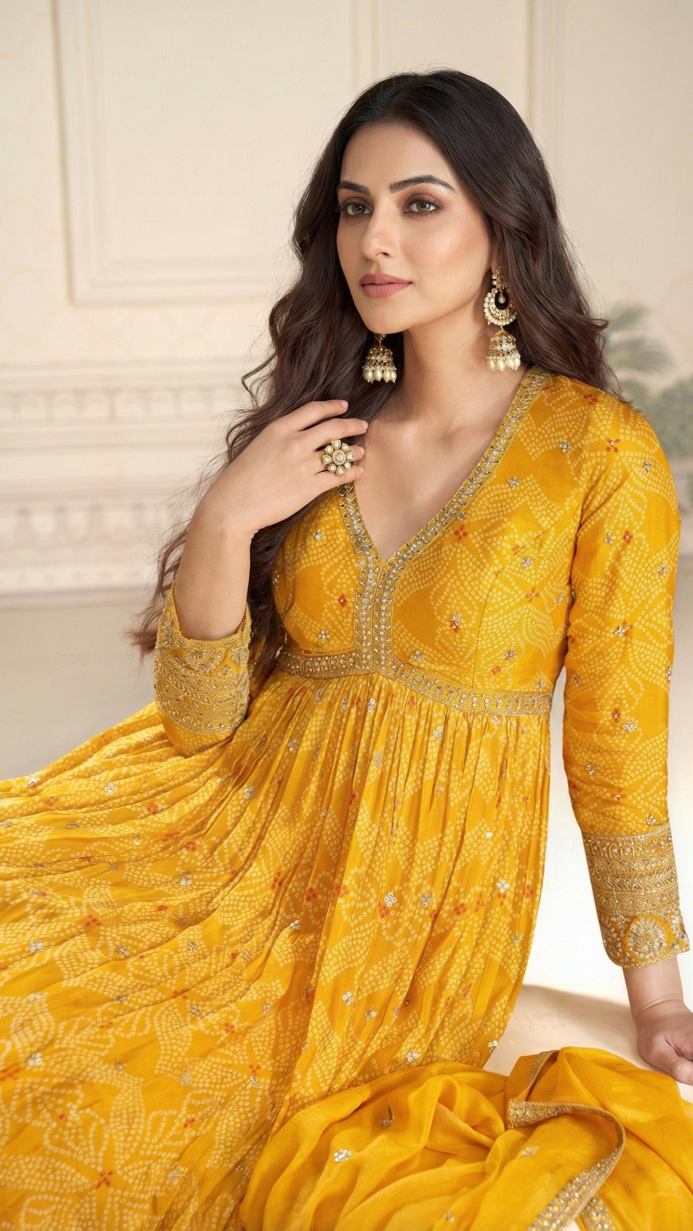 Mustard Yellow Premium Chinon Silk Embroidered Gown with Dupatta