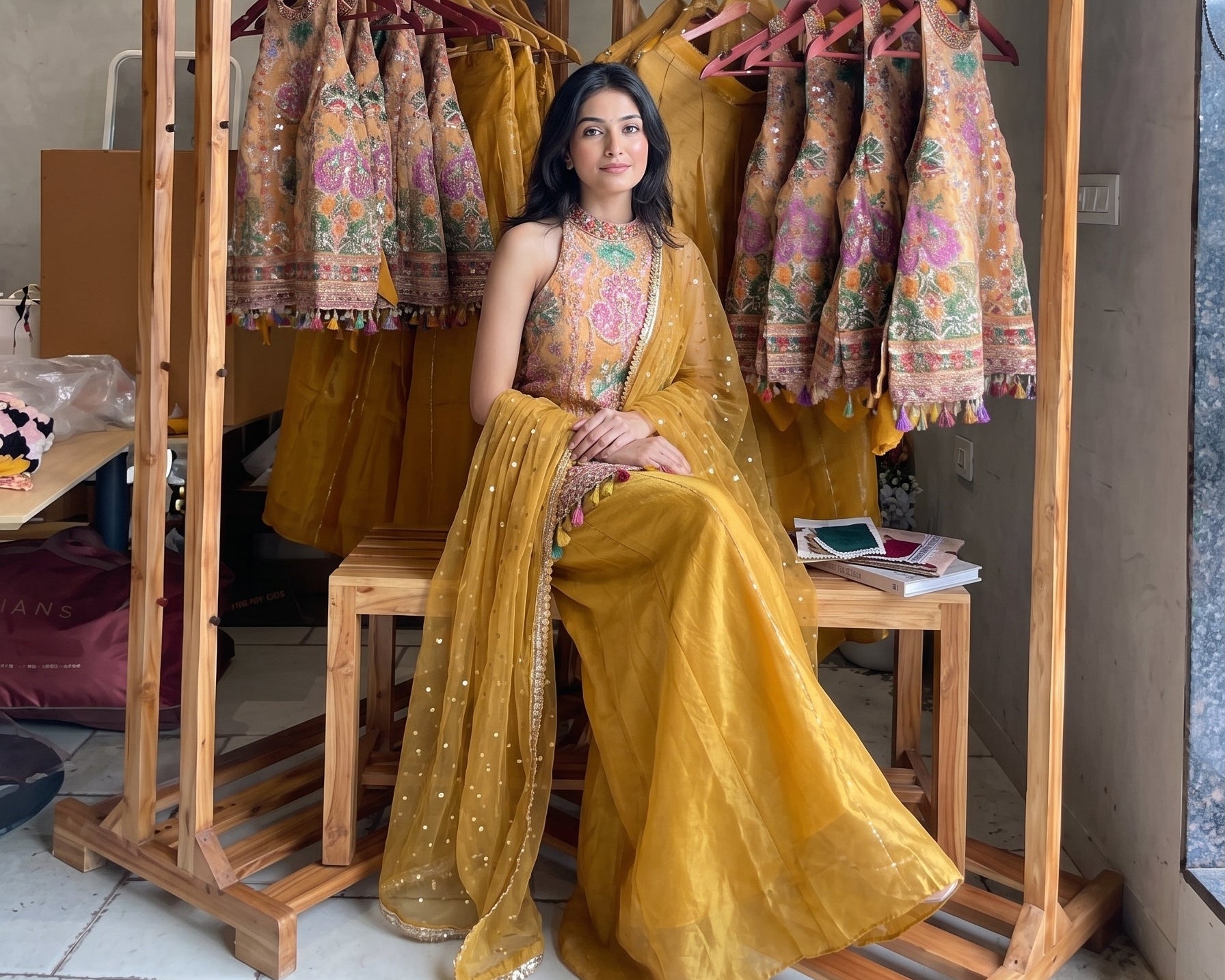 Mustard Yellow Resham Dori & Mirror Work Designer Sharara Set with Dupatta