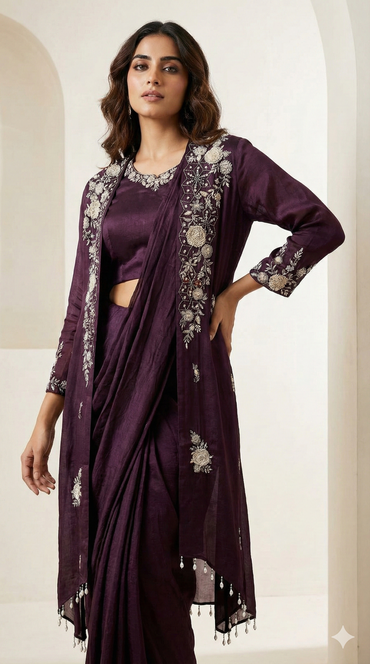 Wine Plum Indo-Western Chinnon Silk Saree Set with Embroidered Jacket