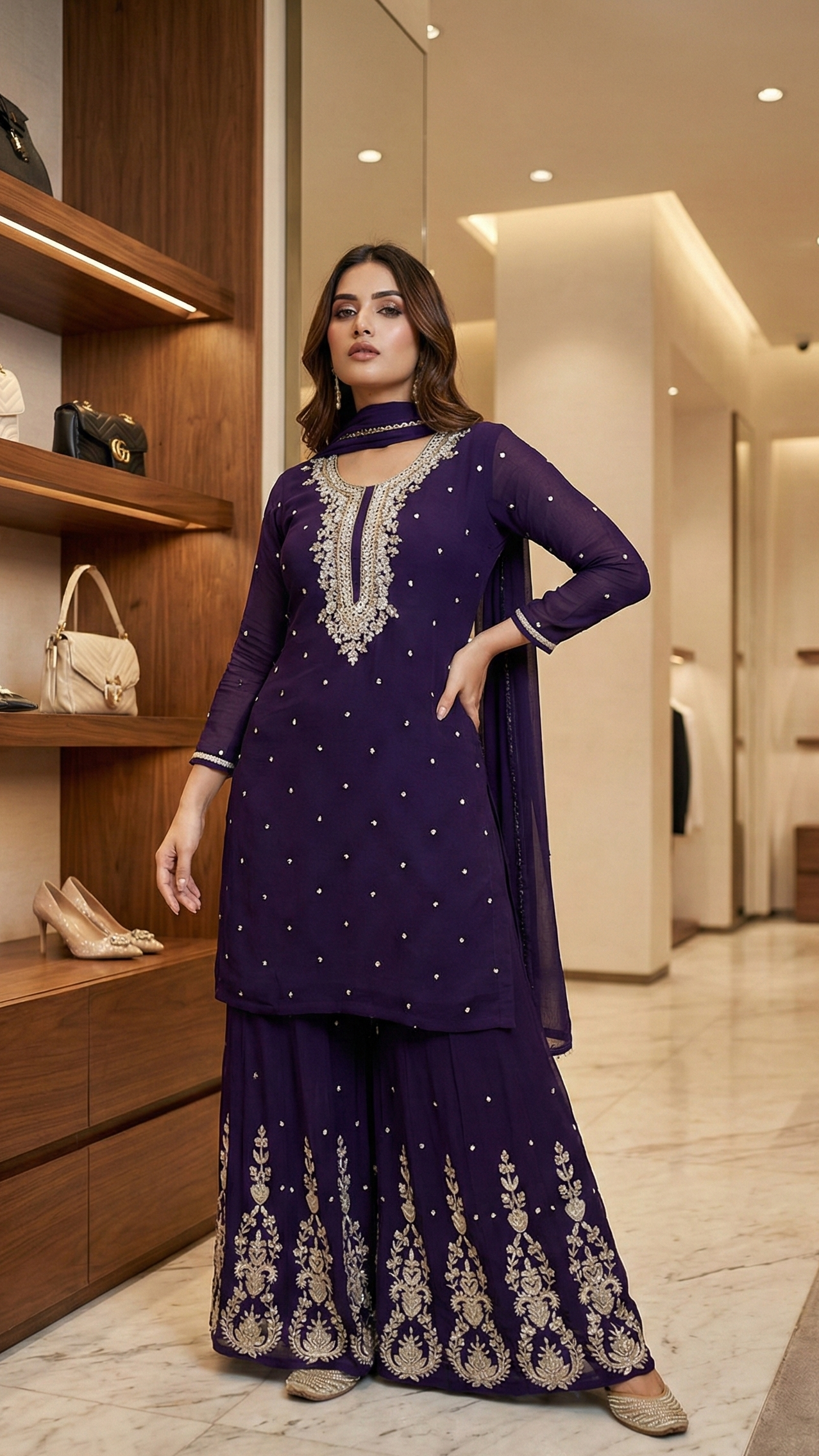 Georgette Handwork Kurta Sharara Set with Dupatta Red & Royal Purple)