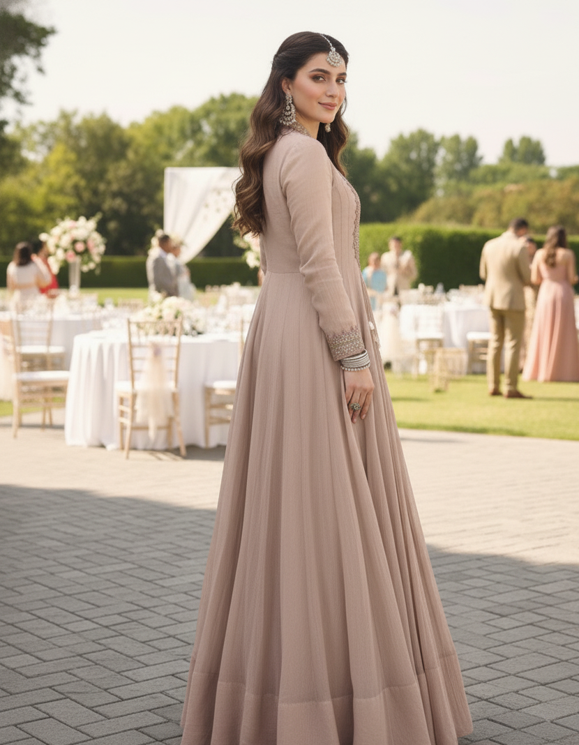 Champagne Beige Premium Crush Silk Embroidered Gown with Chinon Silk Dupatta