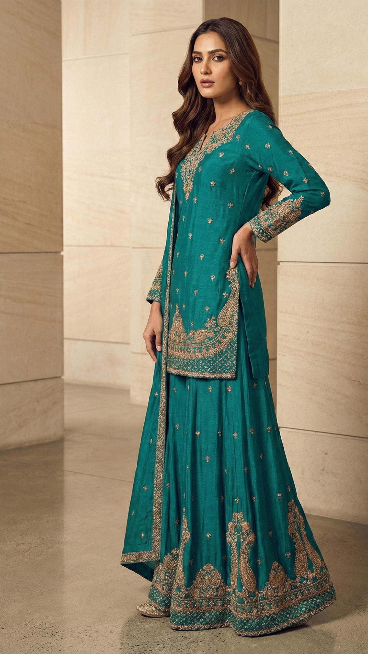 Teal Green and Ivory Indo-Western Chinnon Silk Embroidered Kurta Set with Dupatta