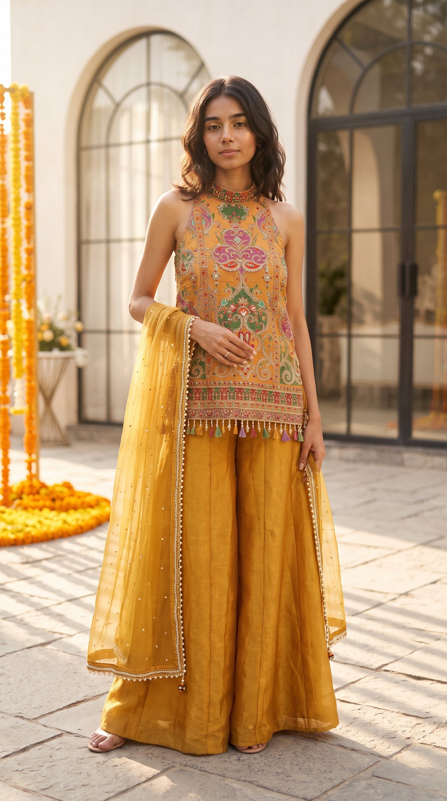 Mustard Yellow Resham Dori & Mirror Work Designer Sharara Set with Dupatta