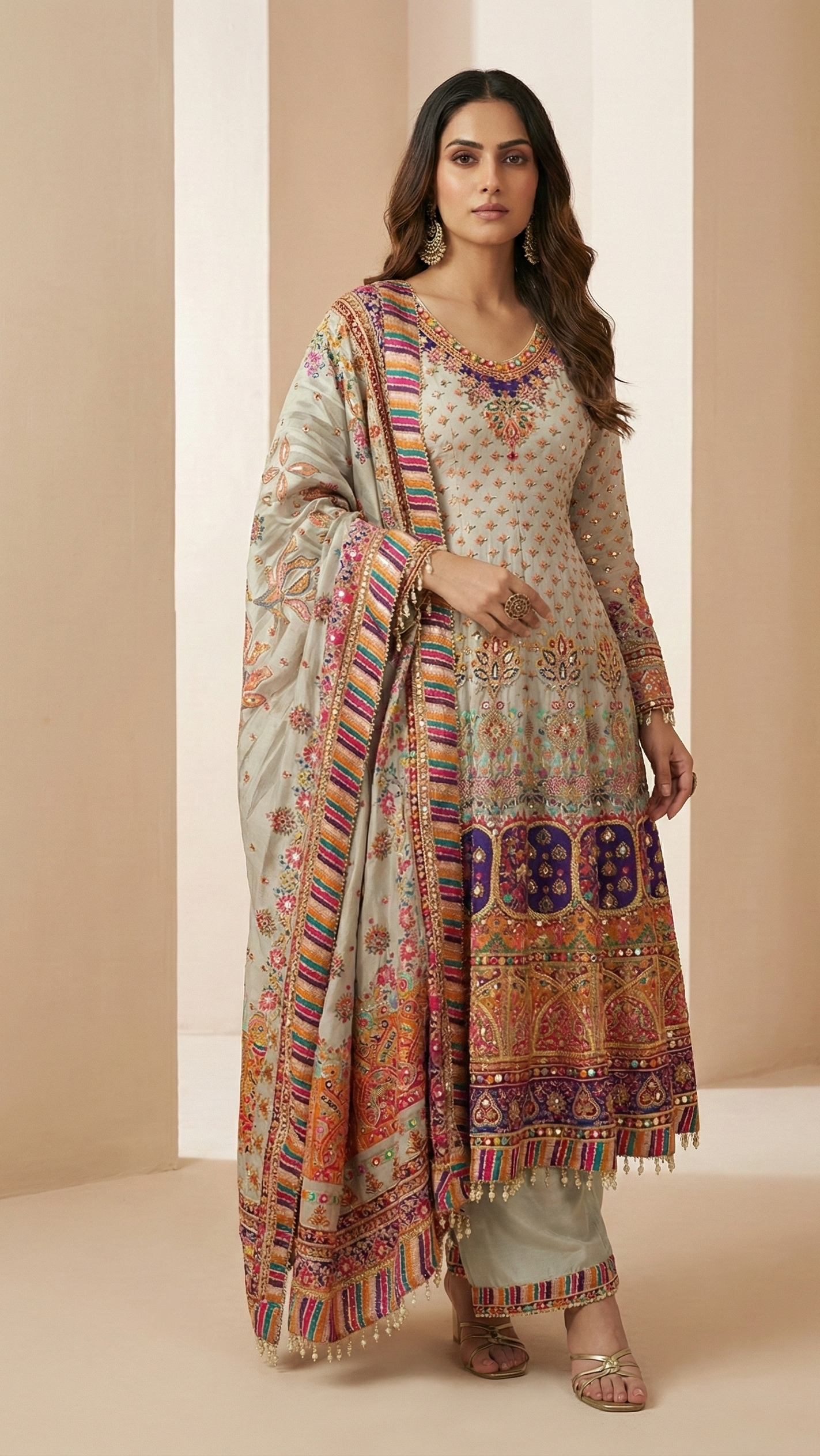 Ivory Grey Natural Crepe Silk Printed Aline Anarkali with Aari & Gota Patti Work