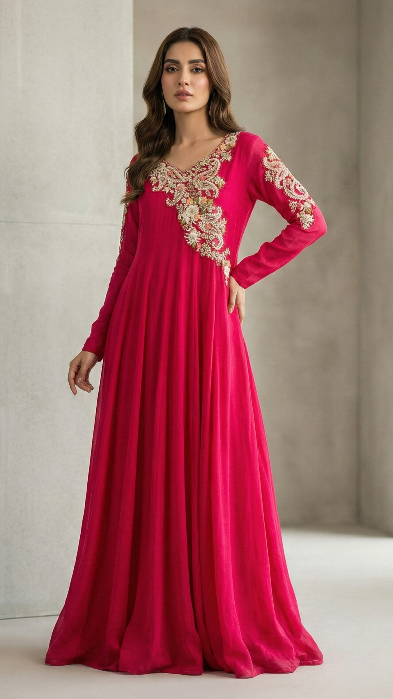 Rani Pink Chinnon Anarkali Suit Set with Heavy Embroidered Yoke