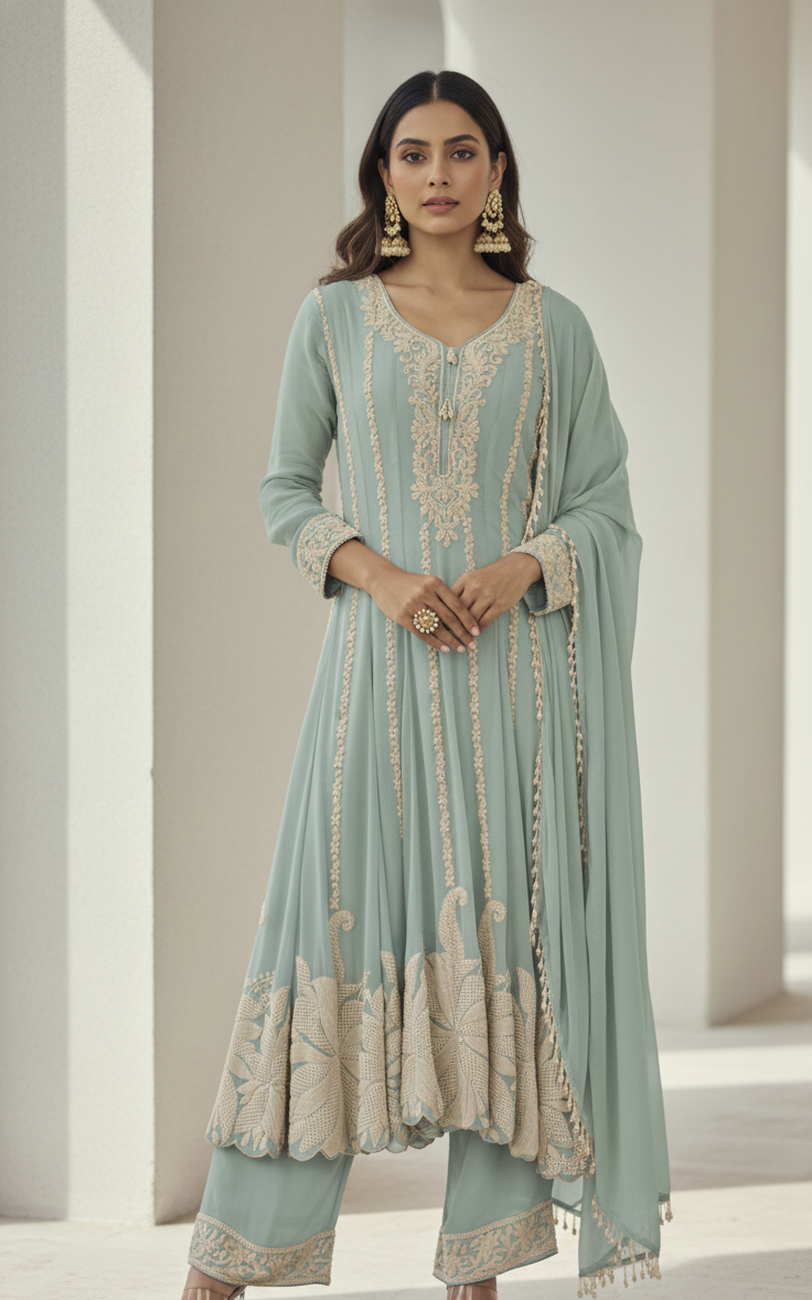 Premium Georgette Heavy Beads Work Short Anarkali Set with Pant & Dupatta