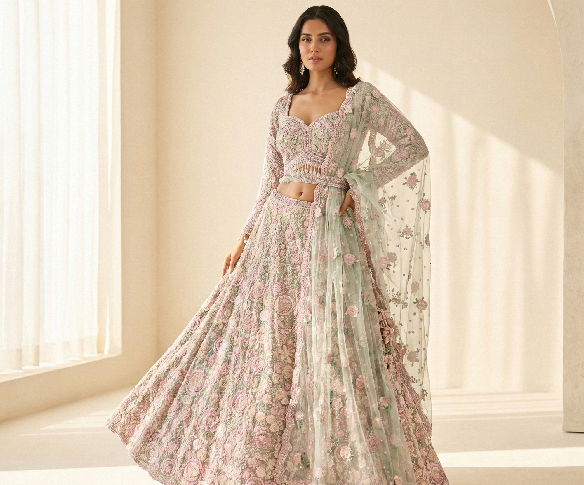 Pastel Mint Net Embroidered Mirror Work Designer Lehenga Choli
