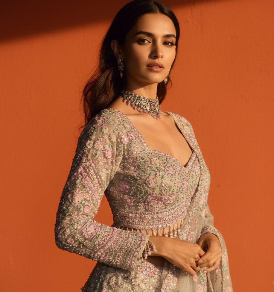 Pastel Mint Net Embroidered Mirror Work Designer Lehenga Choli