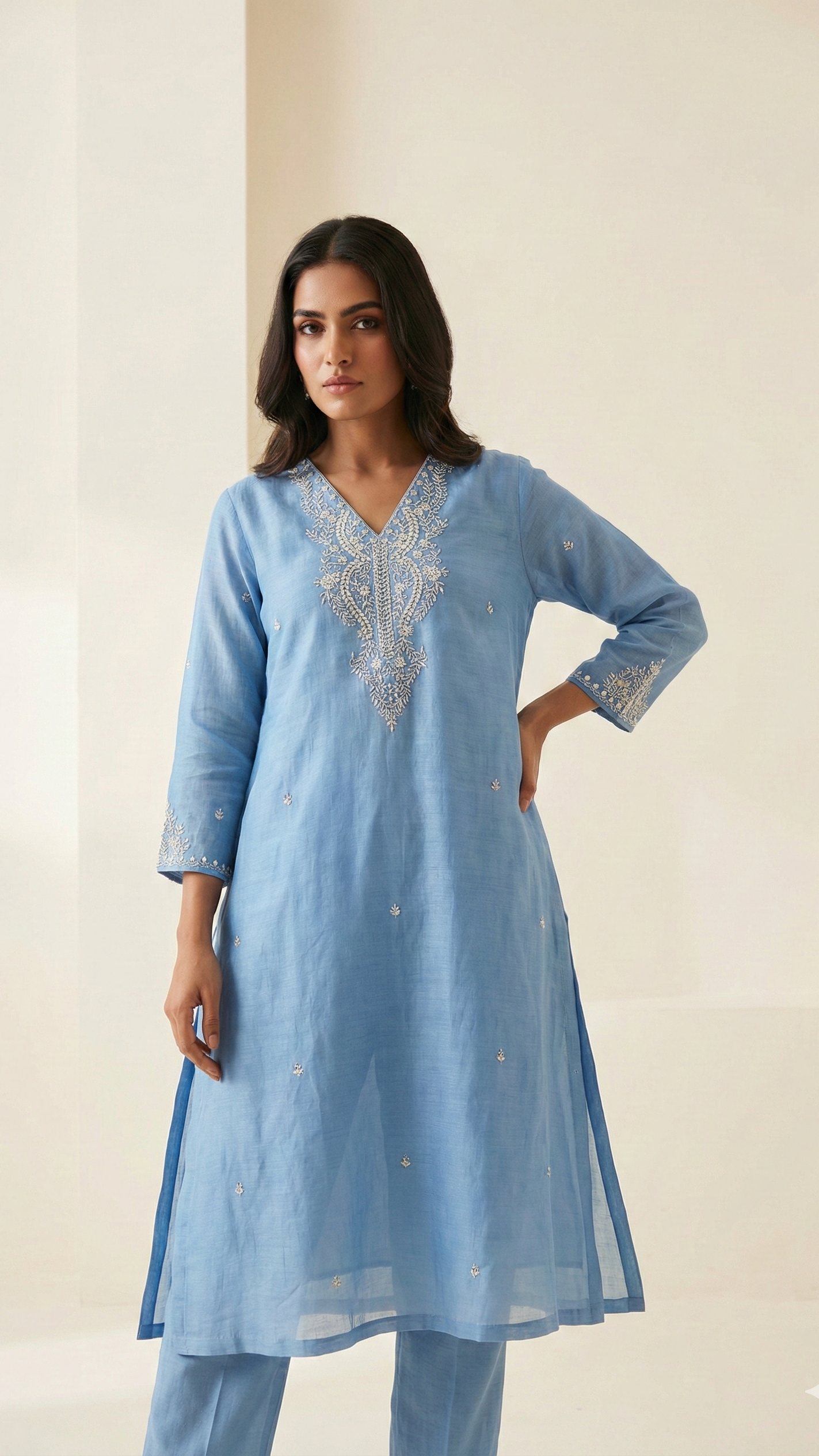 Sky Blue Pure Mulchanderi Suit Set with Handwork | Matching Pants & Dupatta