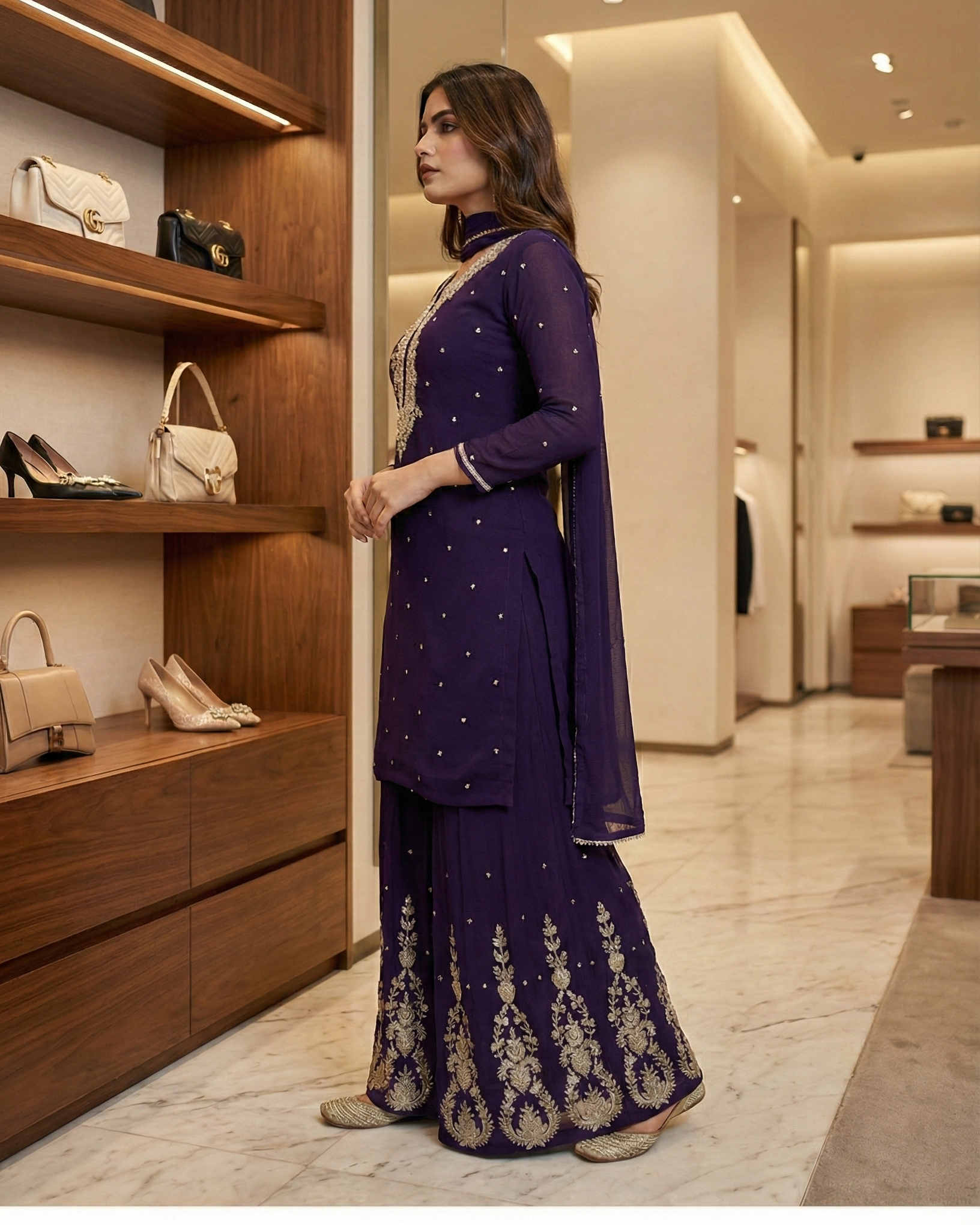 Georgette Handwork Kurta Sharara Set with Dupatta Red & Royal Purple)