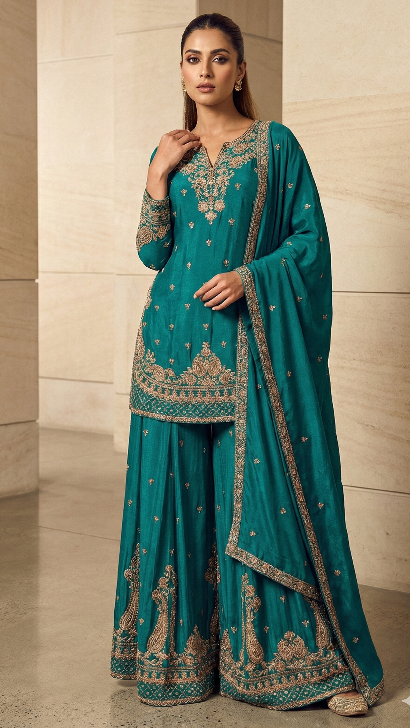 Teal Green and Ivory Indo-Western Chinnon Silk Embroidered Kurta Set with Dupatta