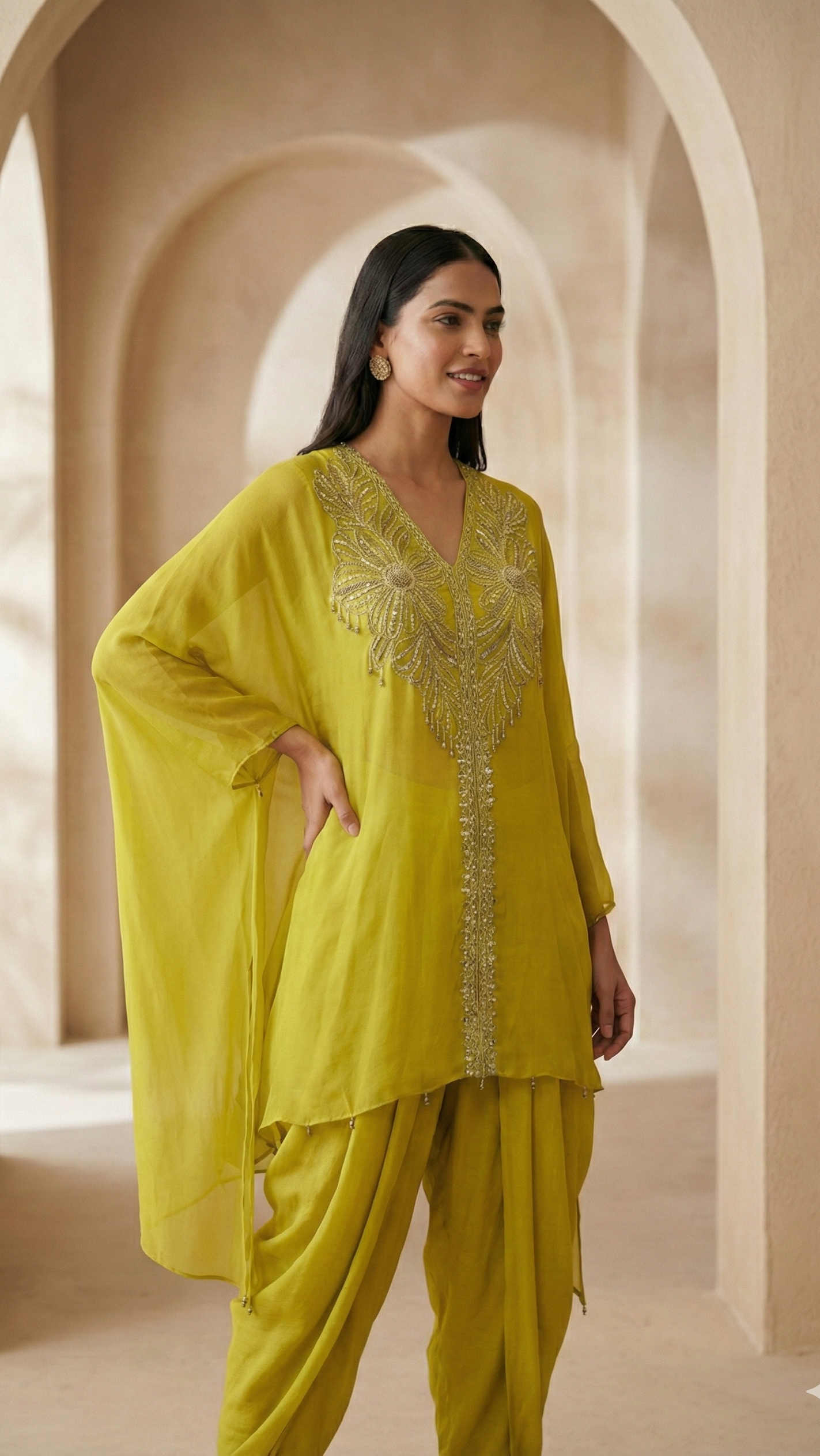 Lime Glow Georgette Indo-Western Set with Embroidery