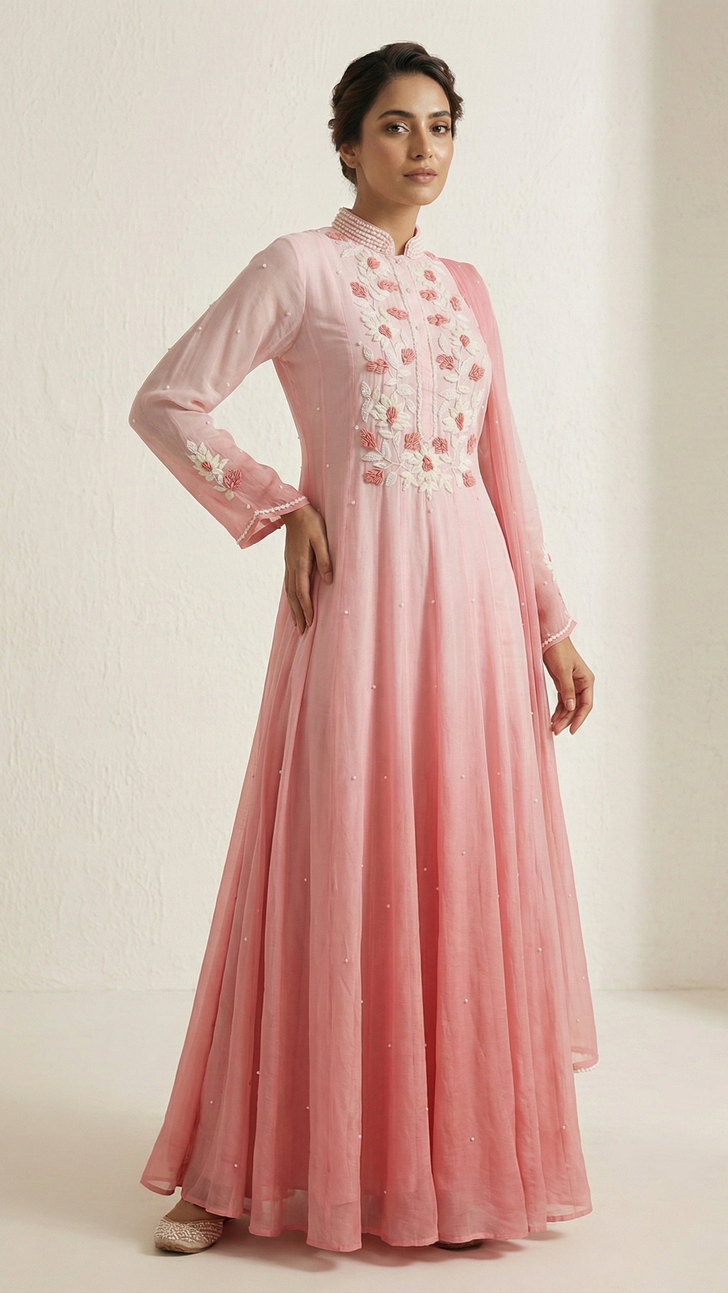 Blush Pink Ombre Chiffon Anarkali Suit Set with Pearl & Hand Embroidery