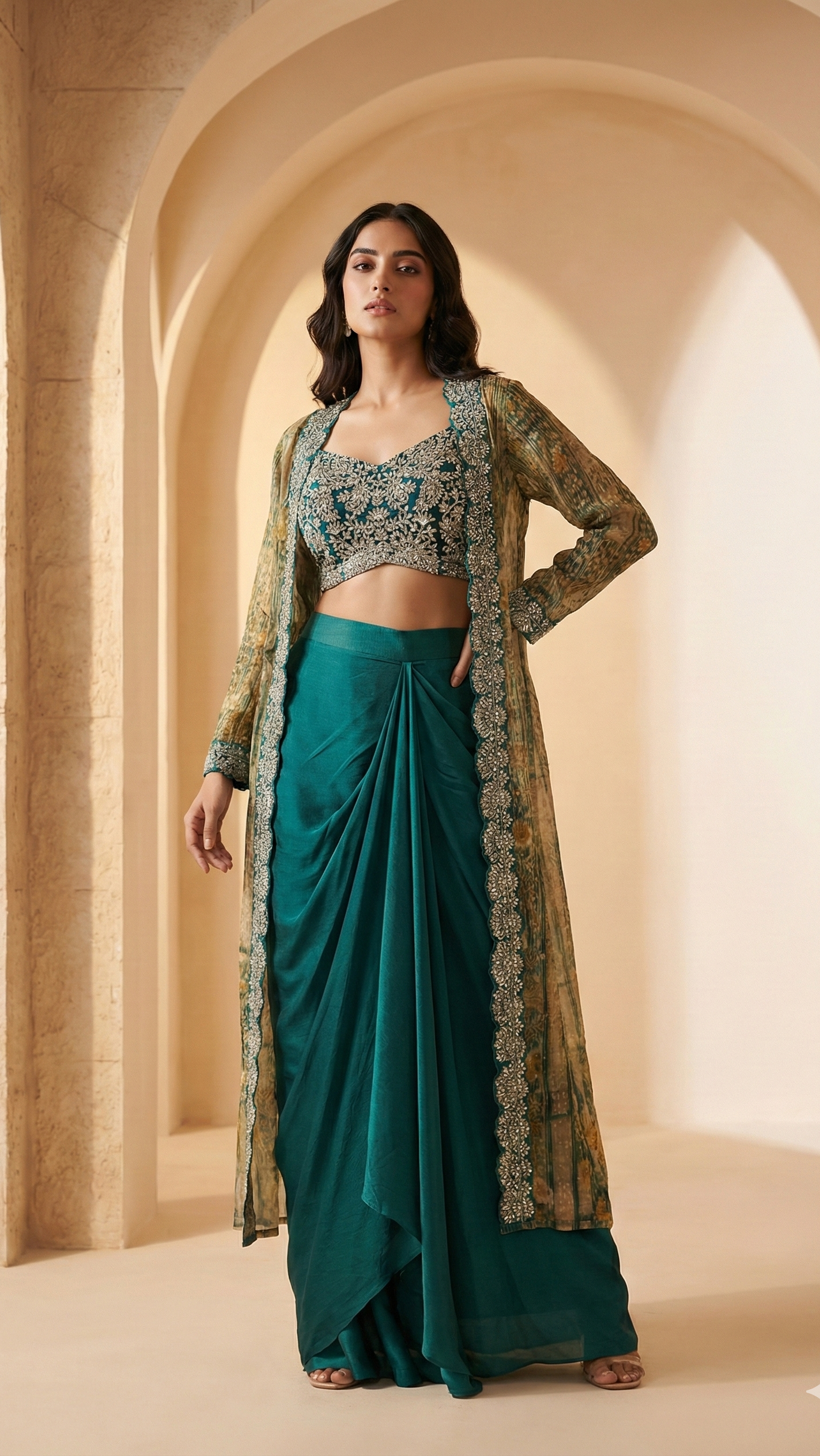 Teal Green Crepe Silk Indo-Western Draped Set with Cutwork Crush Georgette Jacket