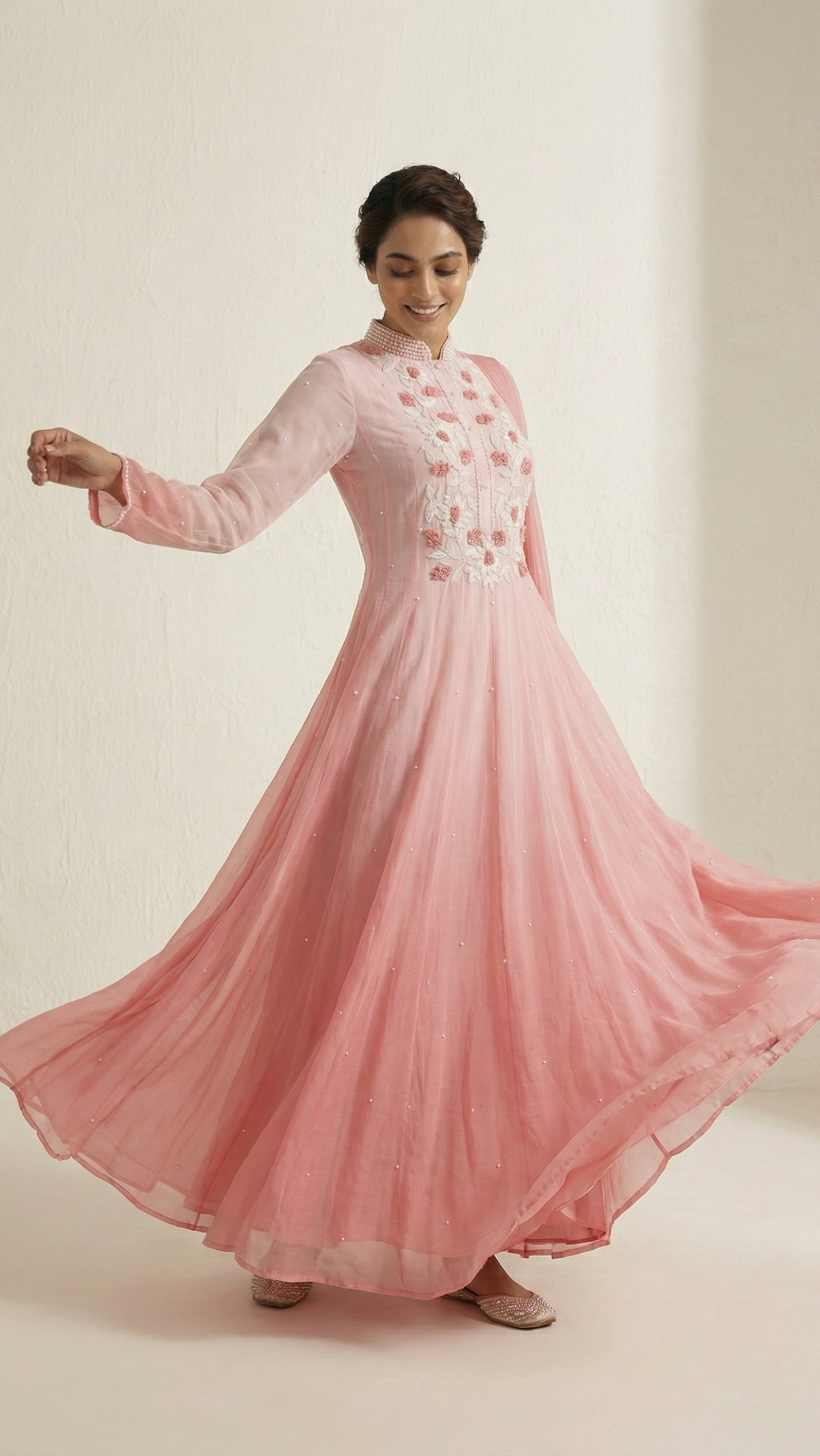 Blush Pink Ombre Chiffon Anarkali Suit Set with Pearl & Hand Embroidery