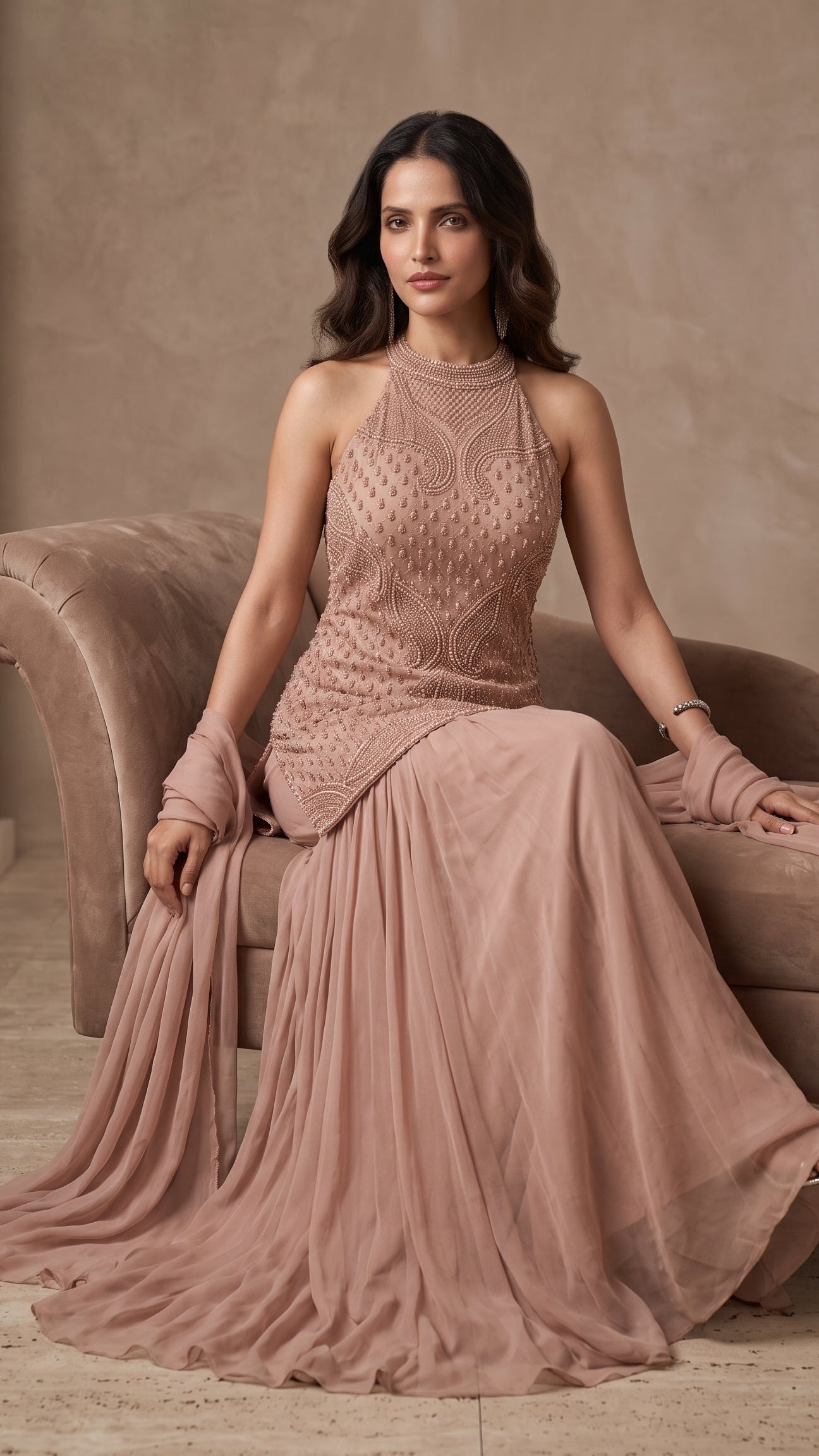 Dusty Peach Georgette Hand Beaded Short Kurti Sharara Set with Choker Dupatta