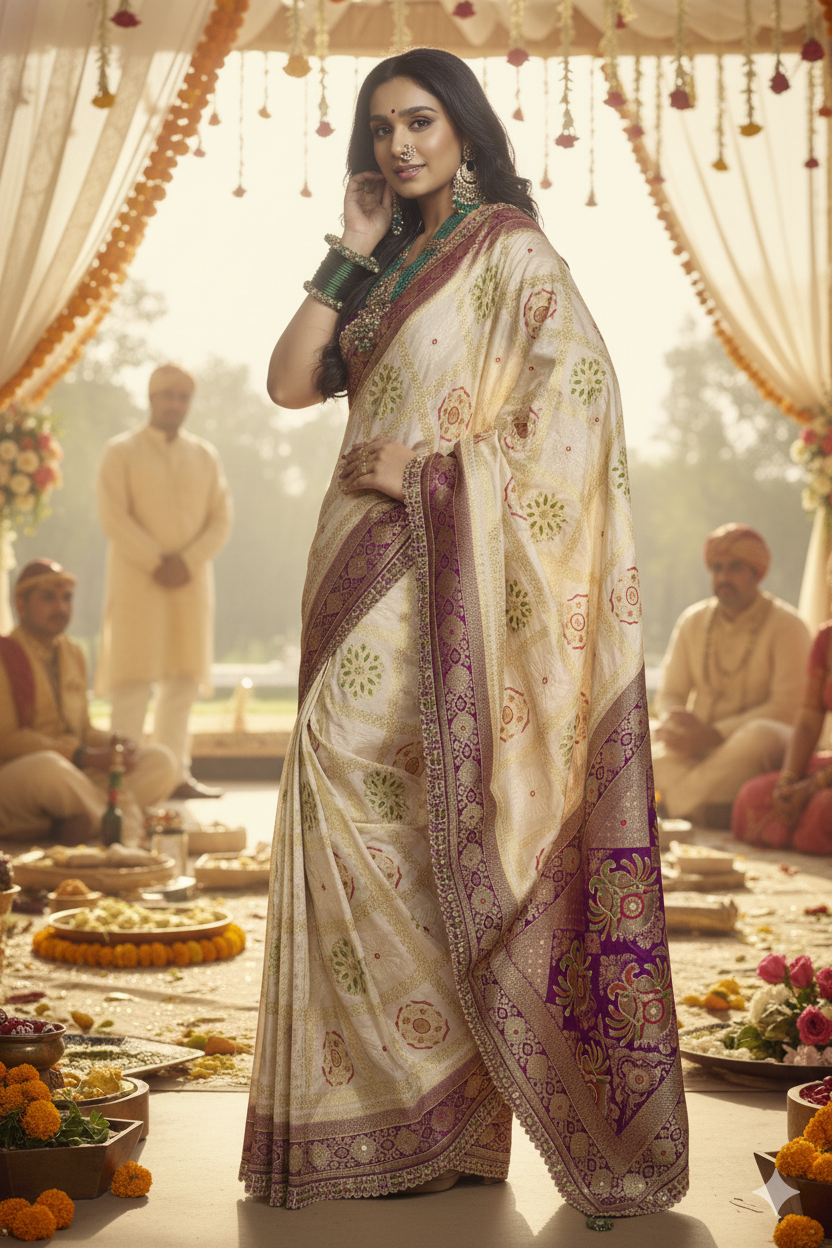 Ivory & Wine Viscose Dola Saree with Handwork Blouse and Designer Lace Pallu