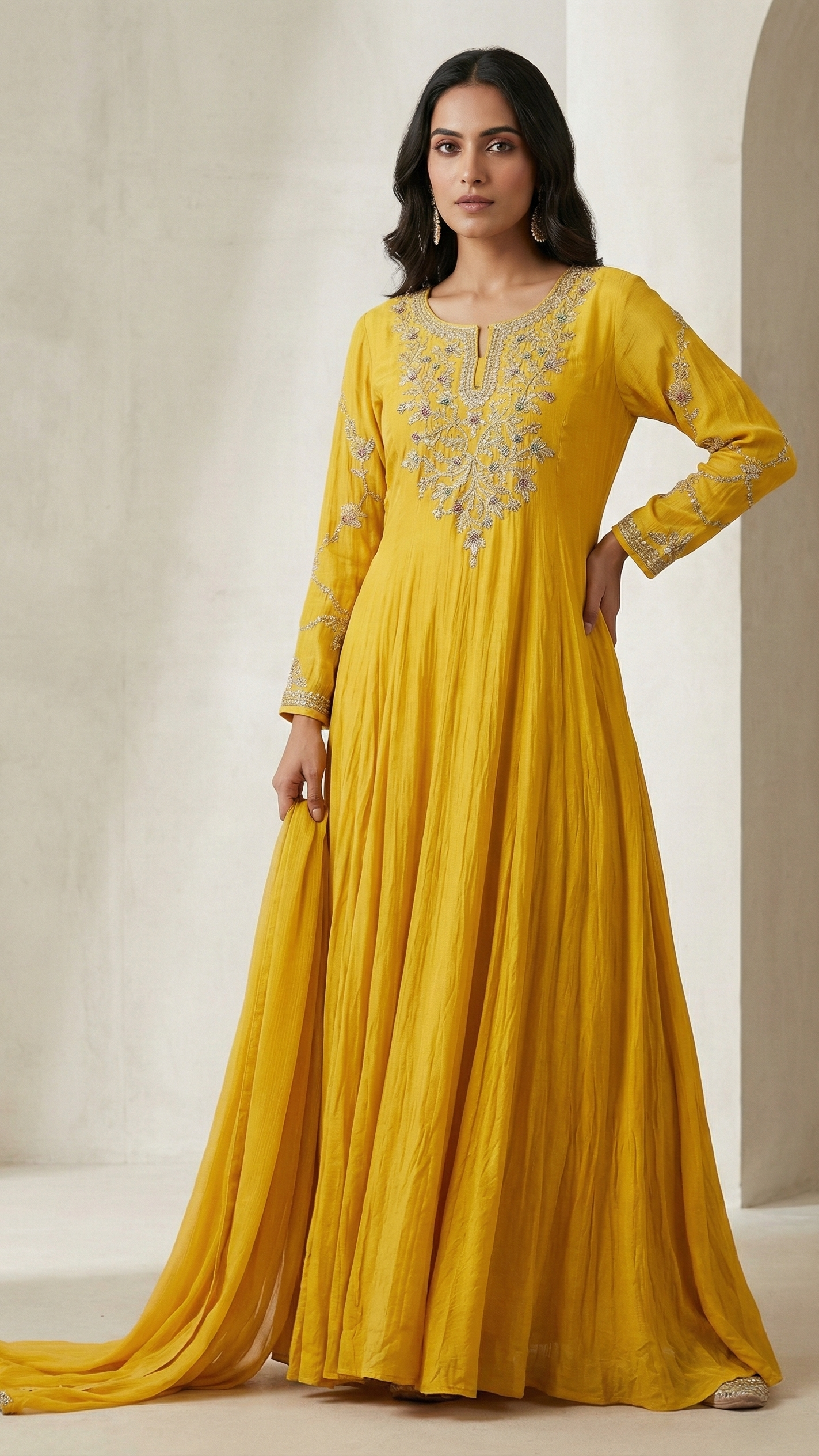 Sunshine Yellow Chinnon Floor-Length Gown Set with Hand Embroidery