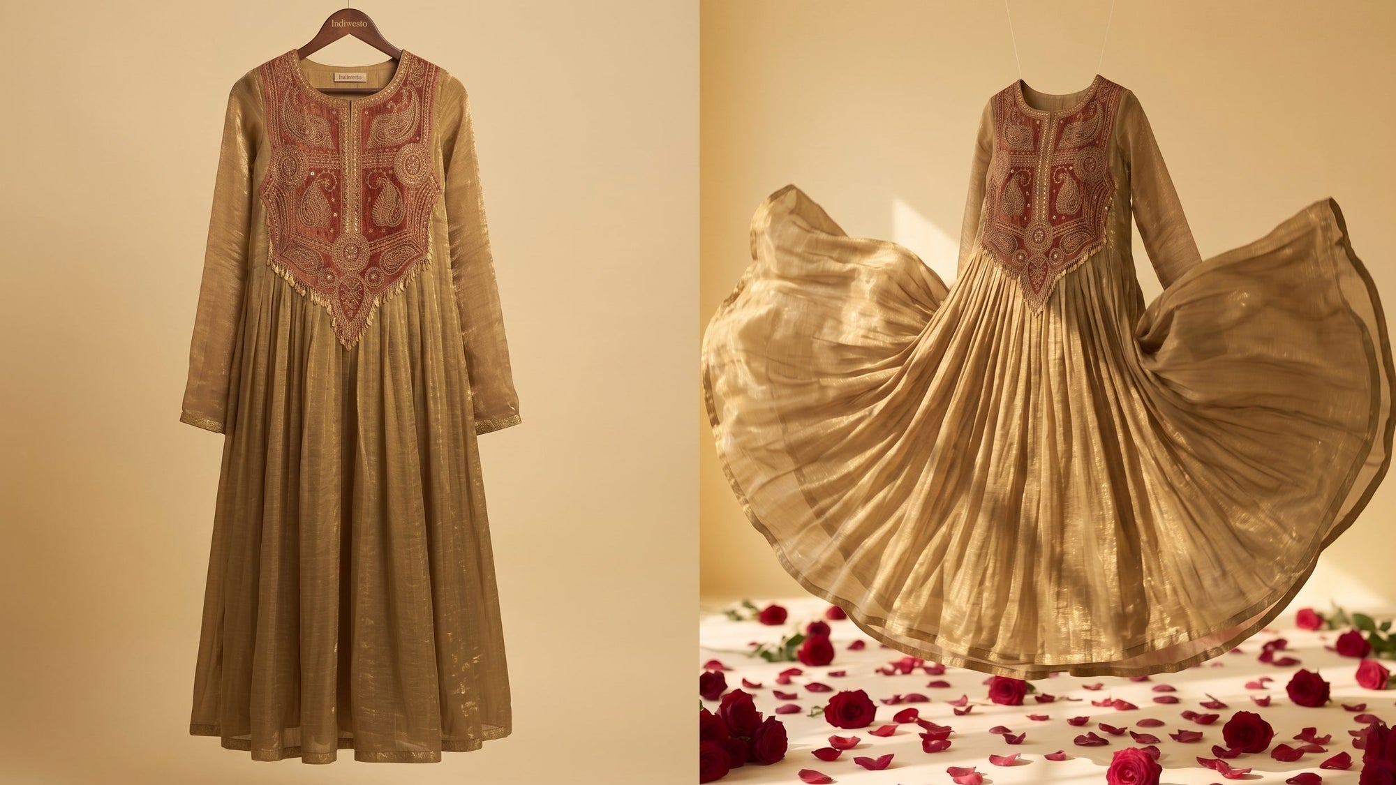Antique Gold Organza Anarkali with Rust Paisley Embroidered Bodice
