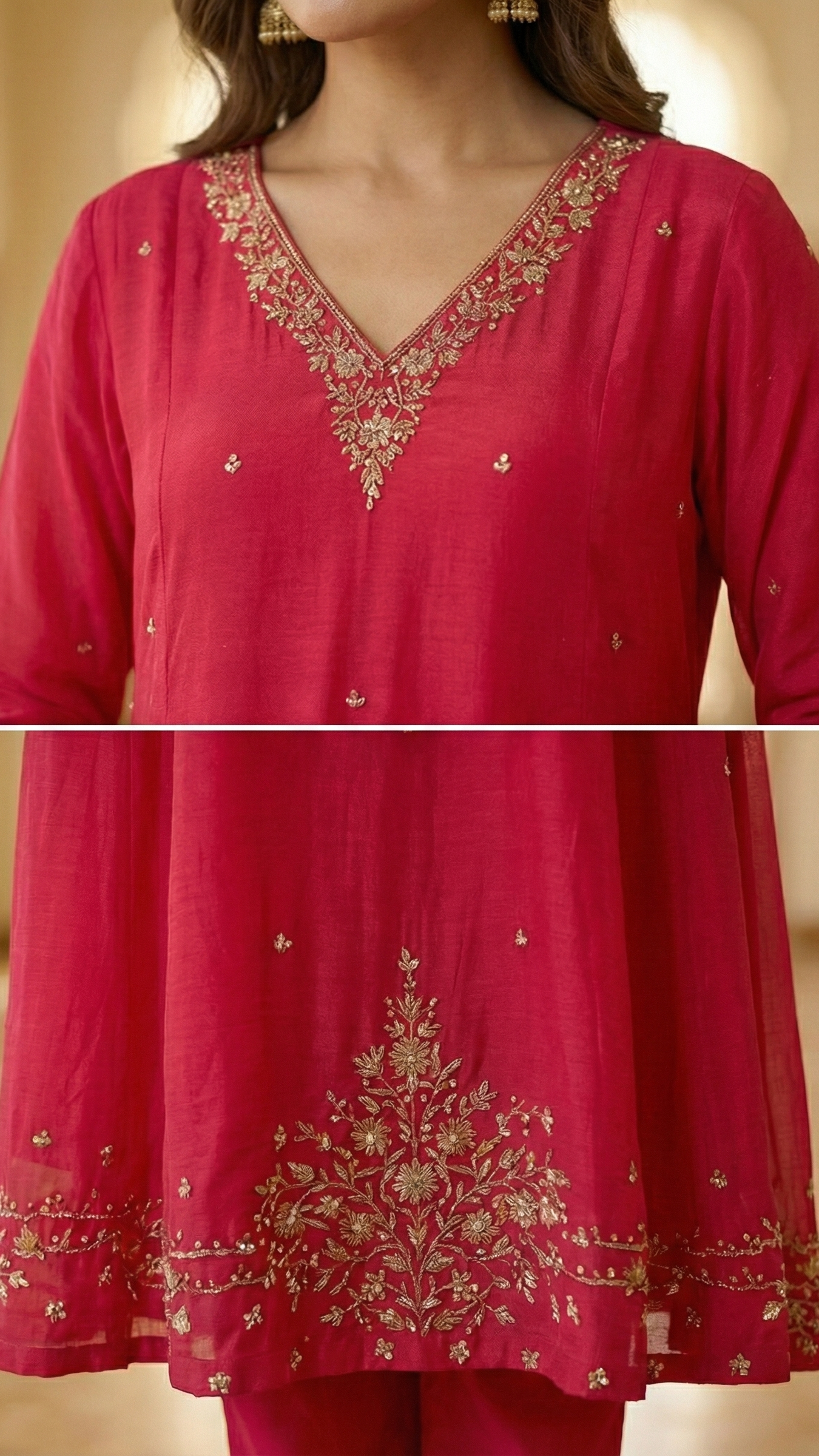 Rani Pink Chinnon Embroidered Anarkali Suit Set with Dupatta & Pants