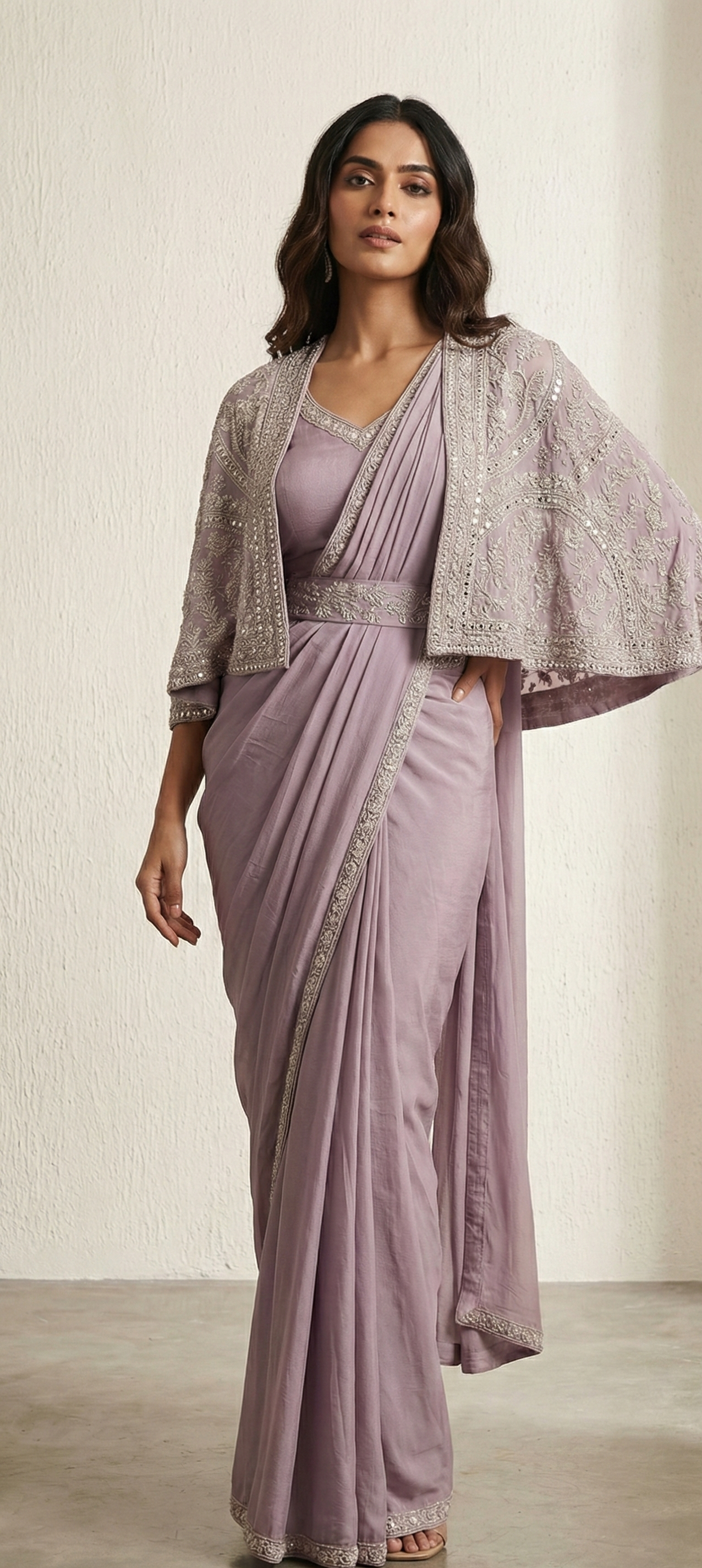 Dusty Mauve Chinnon Saree with Embroidered Cape-Style Blouse