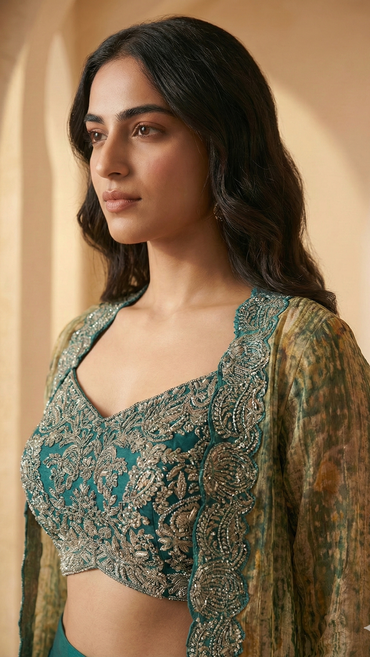 Teal Green Crepe Silk Indo-Western Draped Set with Cutwork Crush Georgette Jacket