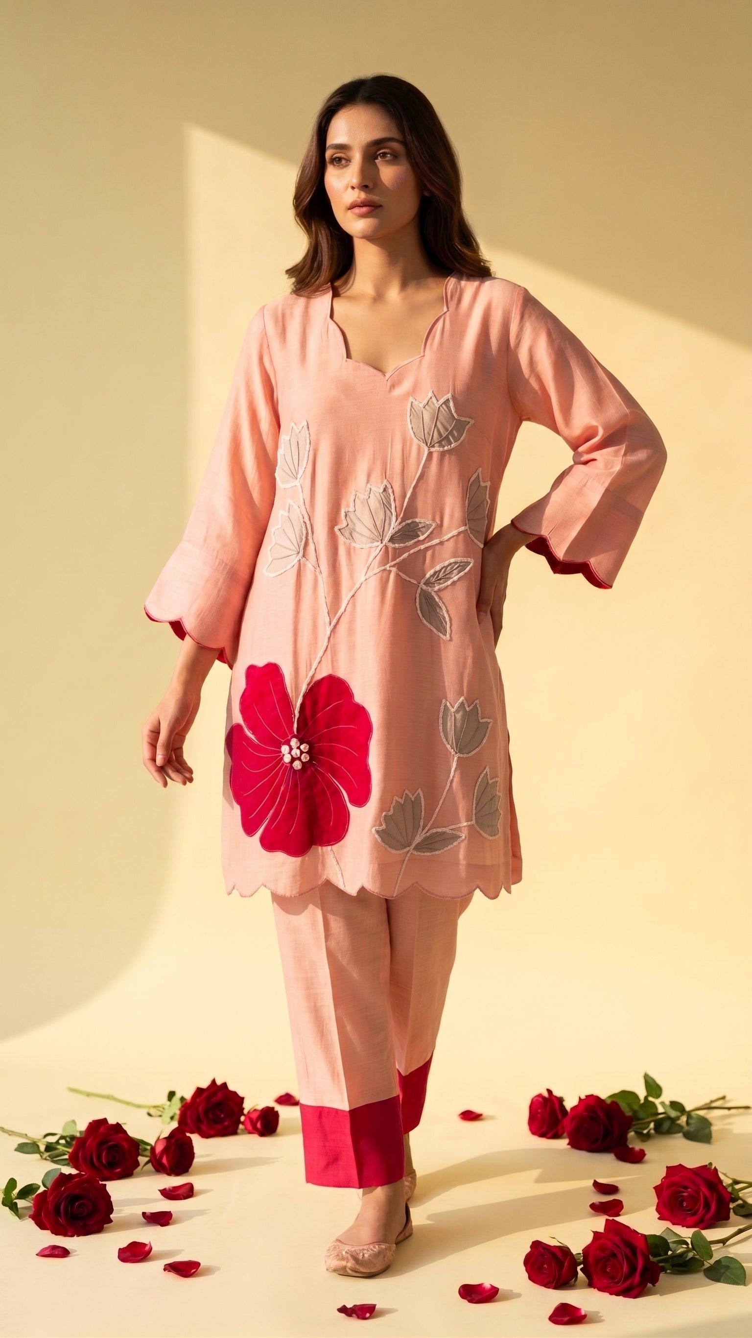 Blush Peach & Purple Mul Chanderi Floral Appliqué Co-Ord Set