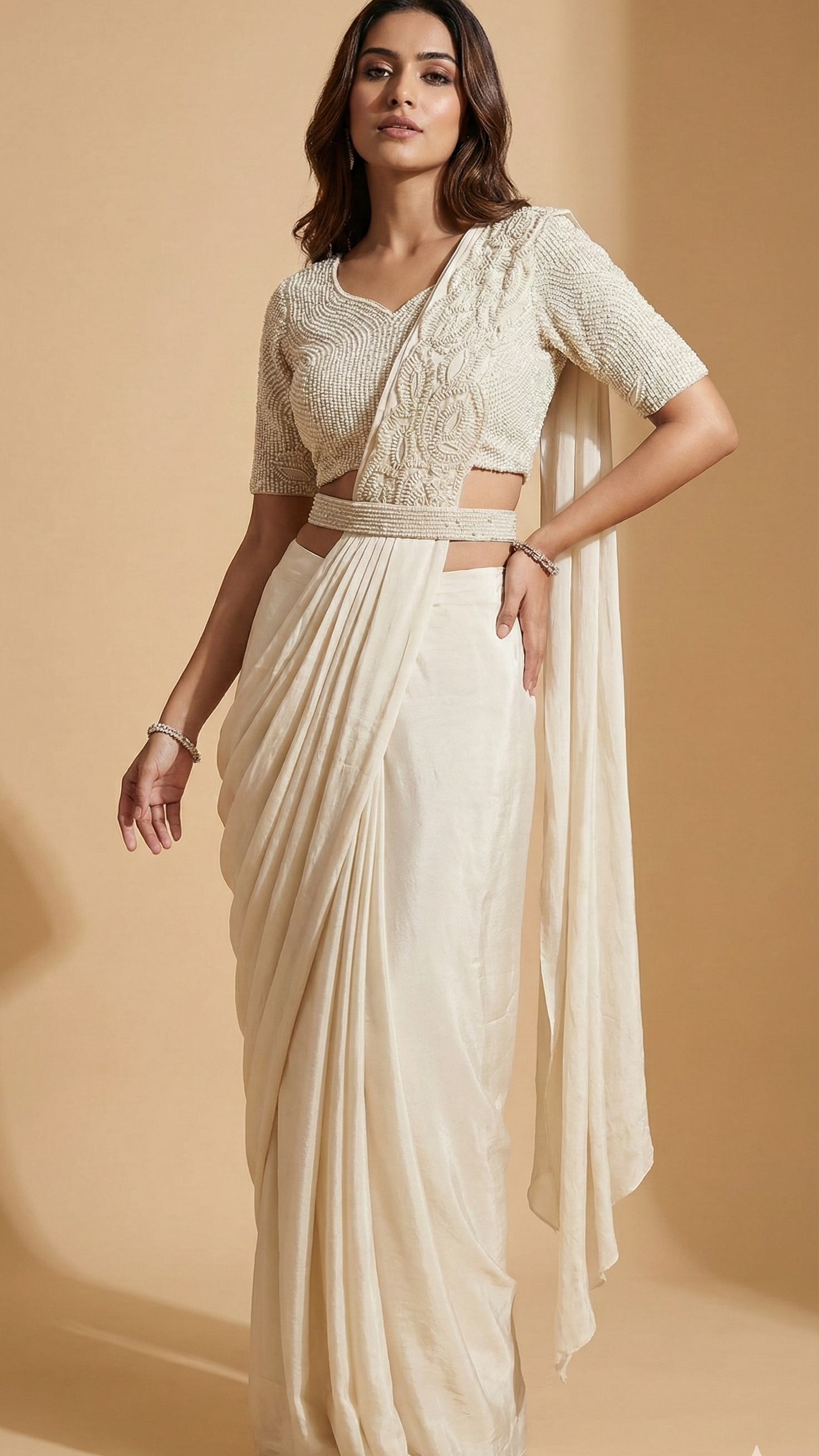 Elegant Chinon Silk Ready-to-Wear Saree with Embroidered Blouse