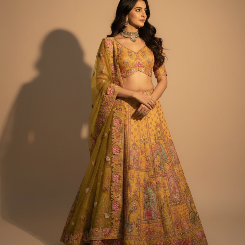Mustard Yellow Silk Embroidered Designer Lehenga Choli with Net Dupatta