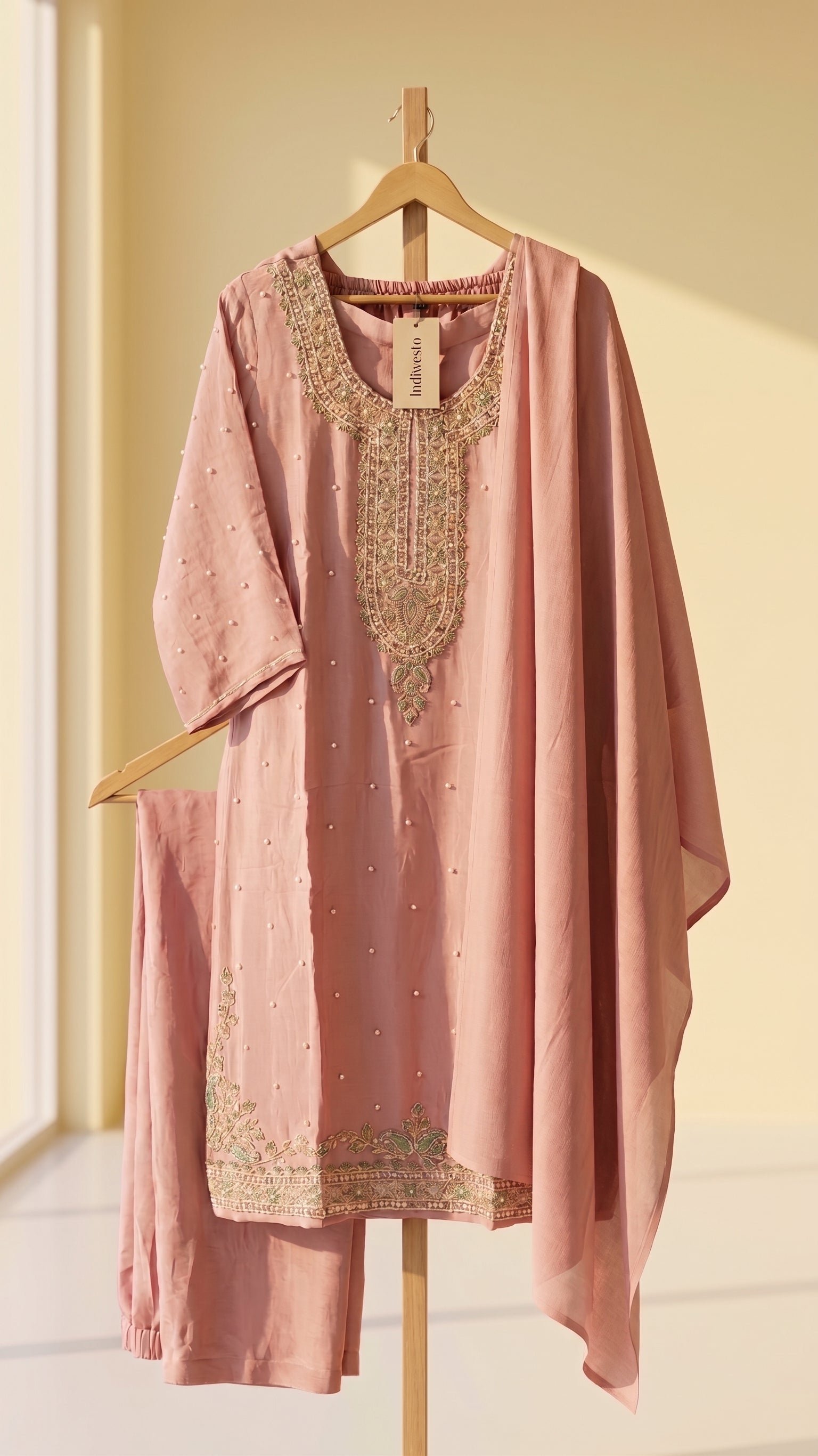 Dusty Rose Crepe Handwork Palazzo Suit with Dupatta
