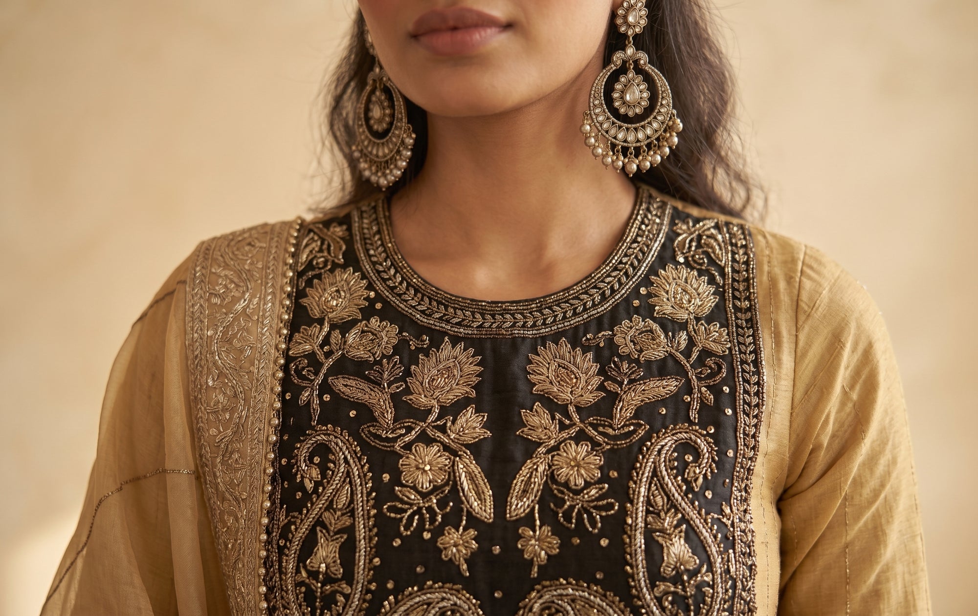 Golden Beige Organza Embroidered Kurta with Dupatta