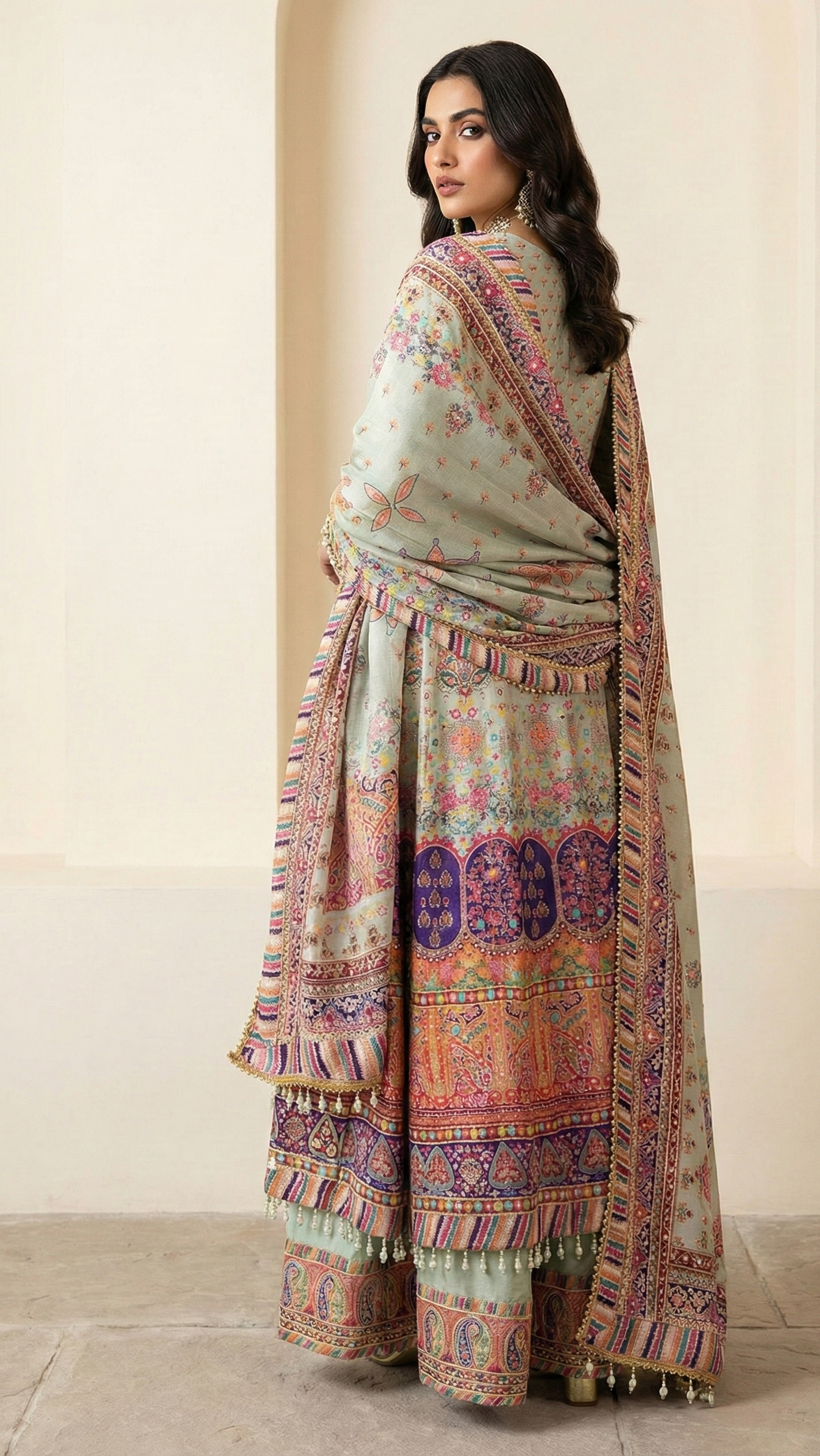 Ivory Grey Natural Crepe Silk Printed Aline Anarkali with Aari & Gota Patti Work