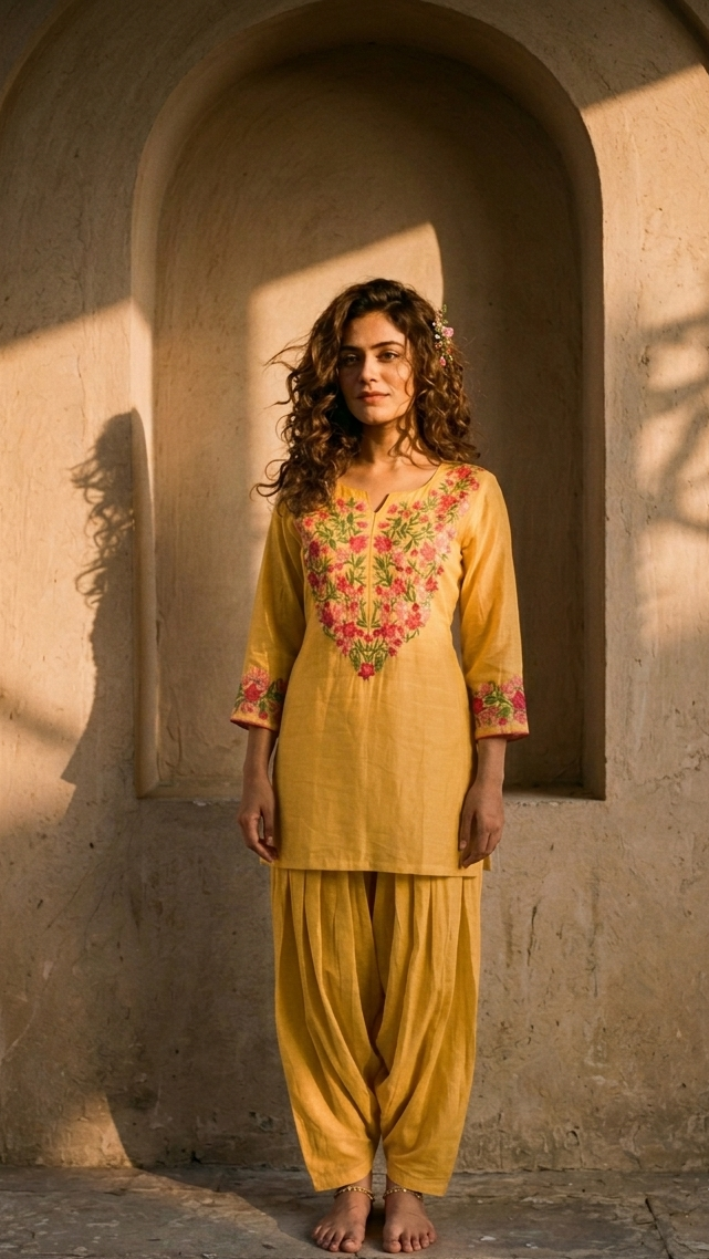 Mul Chanderi Embroidered Punjabi Suit Set with Patiala & Dupatta