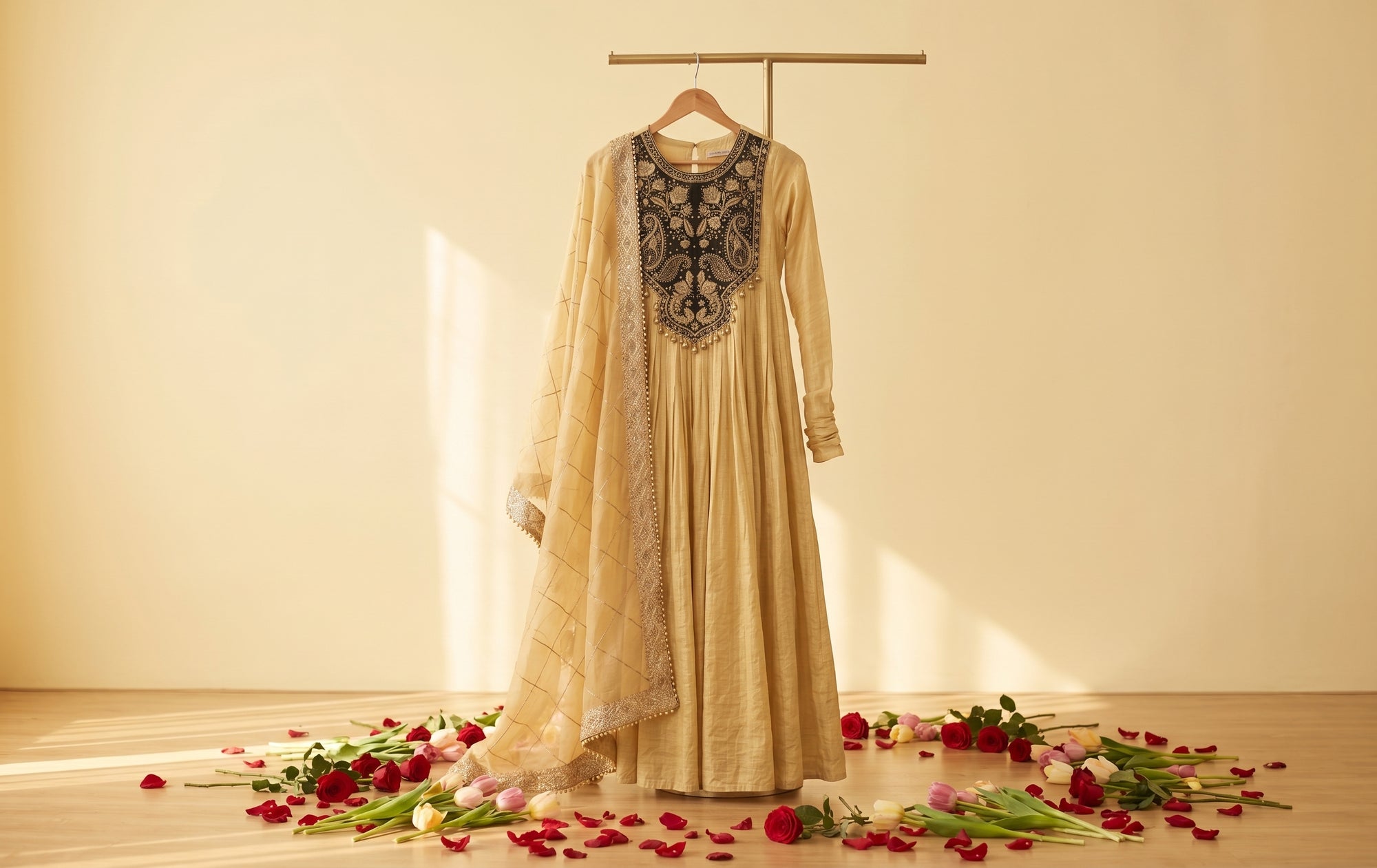 Golden Beige Organza Embroidered Kurta with Dupatta