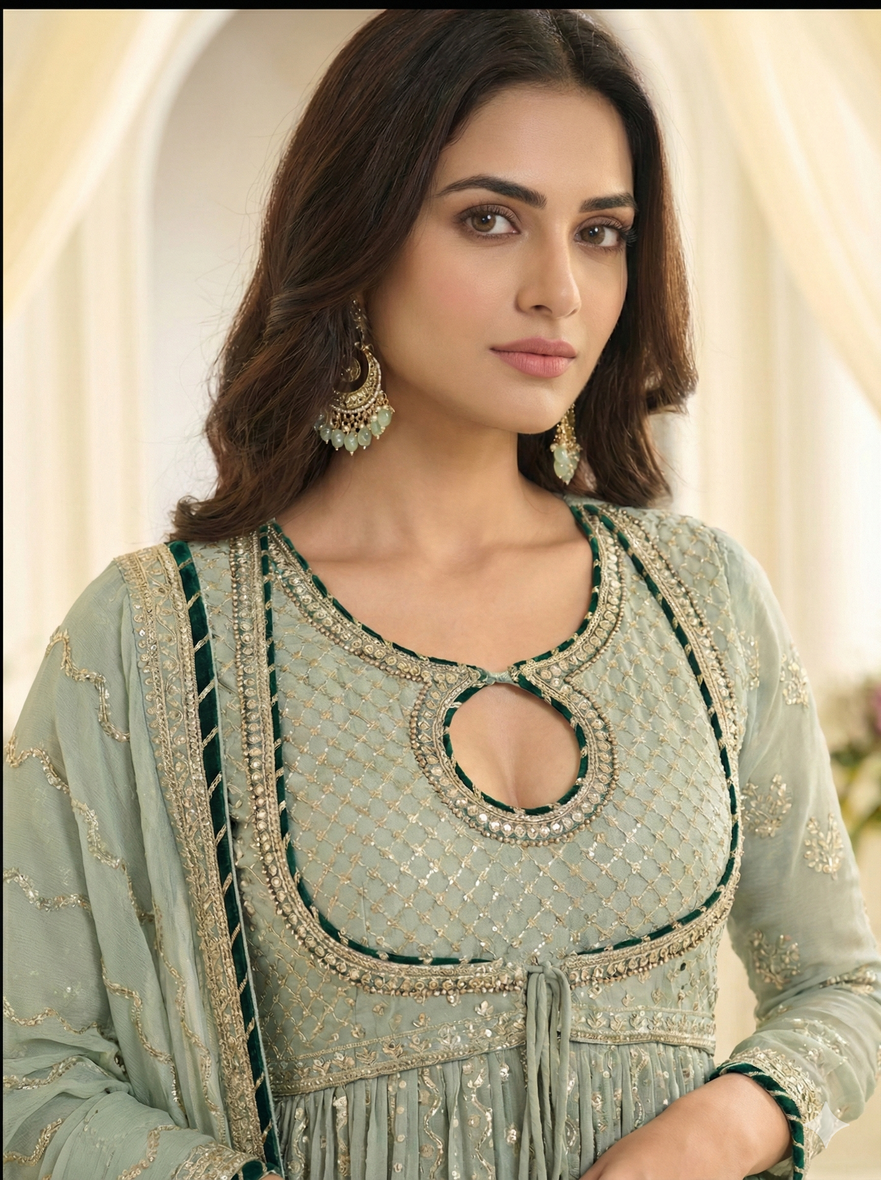 Premium Real Georgette Lucknowi Chikankari Heavy Embroidered Festive Gown with Dupatta (Free Size)