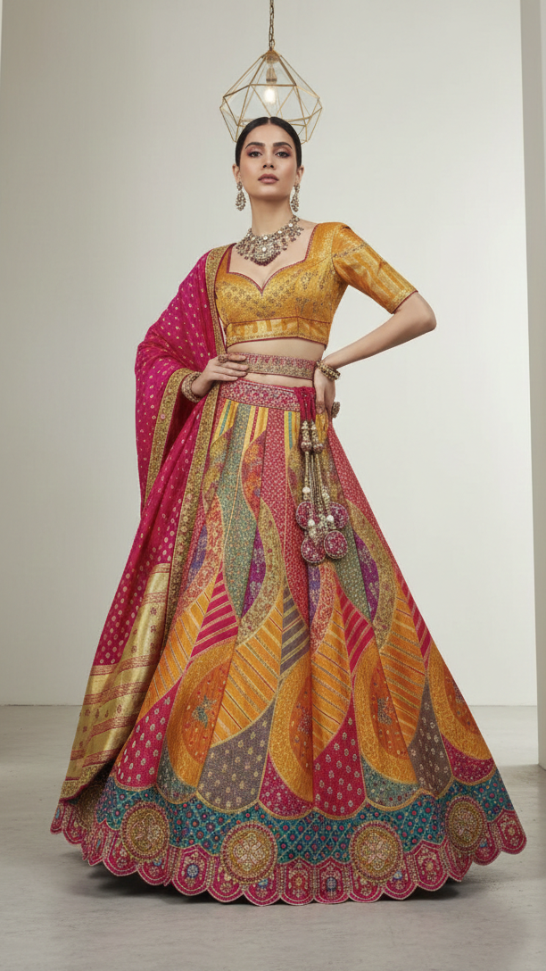 Royal Multicolour Banarasi Silk Lehenga Choli with Zarkan, Cutwork & Latkan Belt