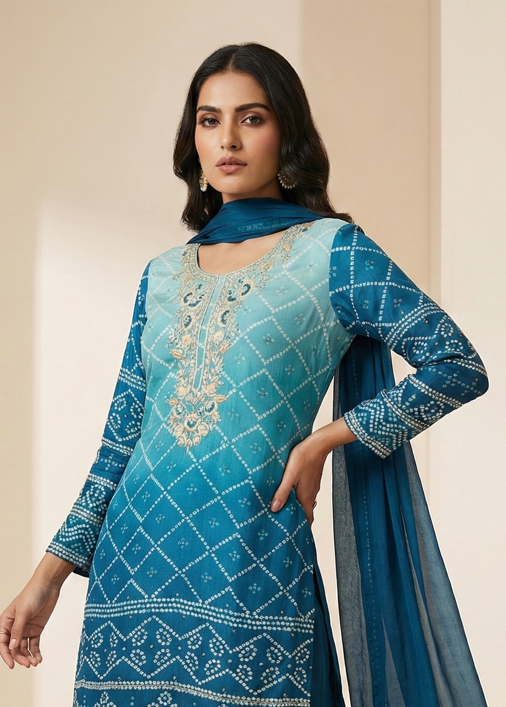 Teal Blue and Pink Georgette Printed & Embroidered Kurta Pant Set with Chiffon Dupatta