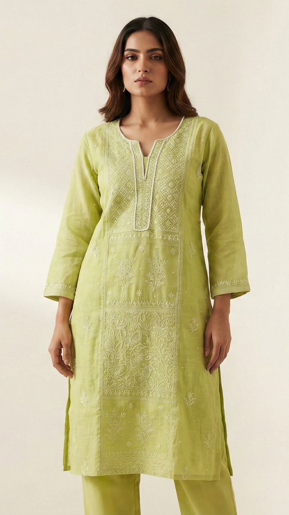 Lime Green Mulchanderi Chikankari Luxury Suit Set with Matching Pants