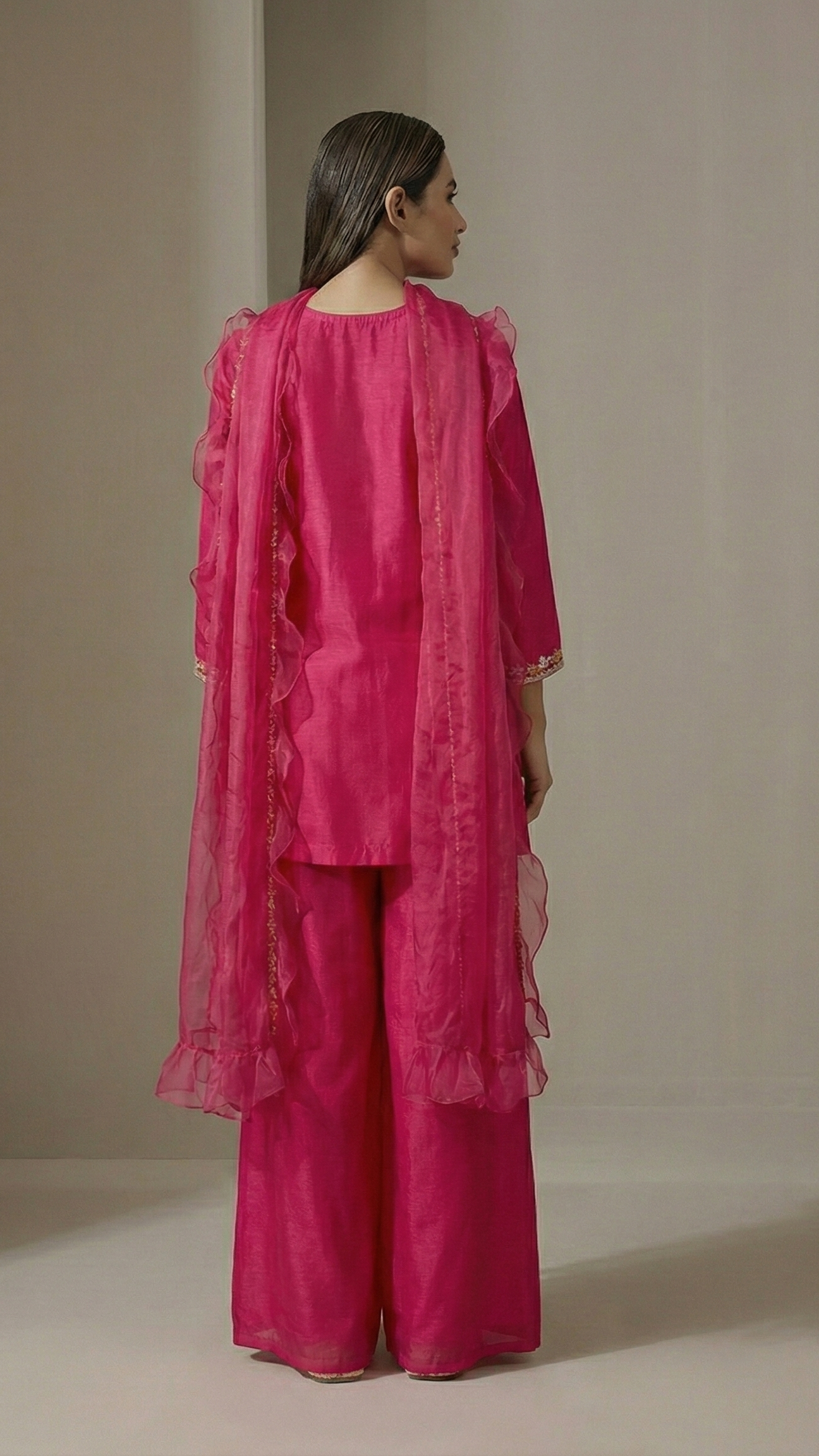 Fuchsia Bloom Chinon Silk Straight Suit Set with Organza Ruffle Dupatta