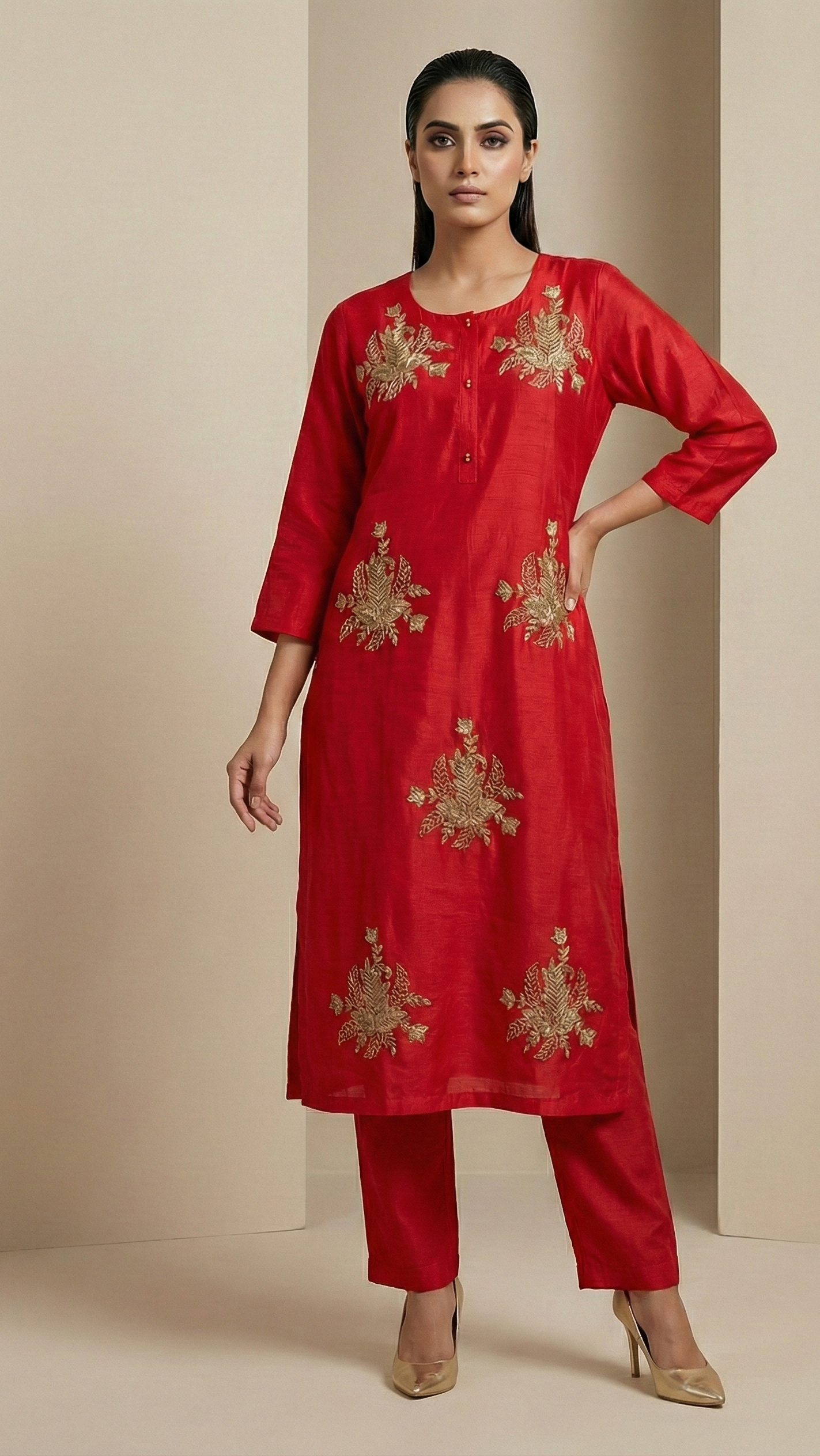 Red Pure Mulchanderi Handwork Suit Set with Matching Pants & Dupatta