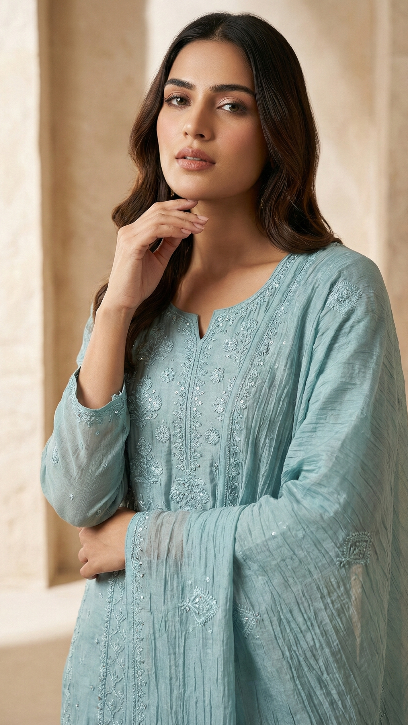 Sky Blue Pure Mulchanderi Chikankari Straight Suit Set with Matching Pants – Luxury Style