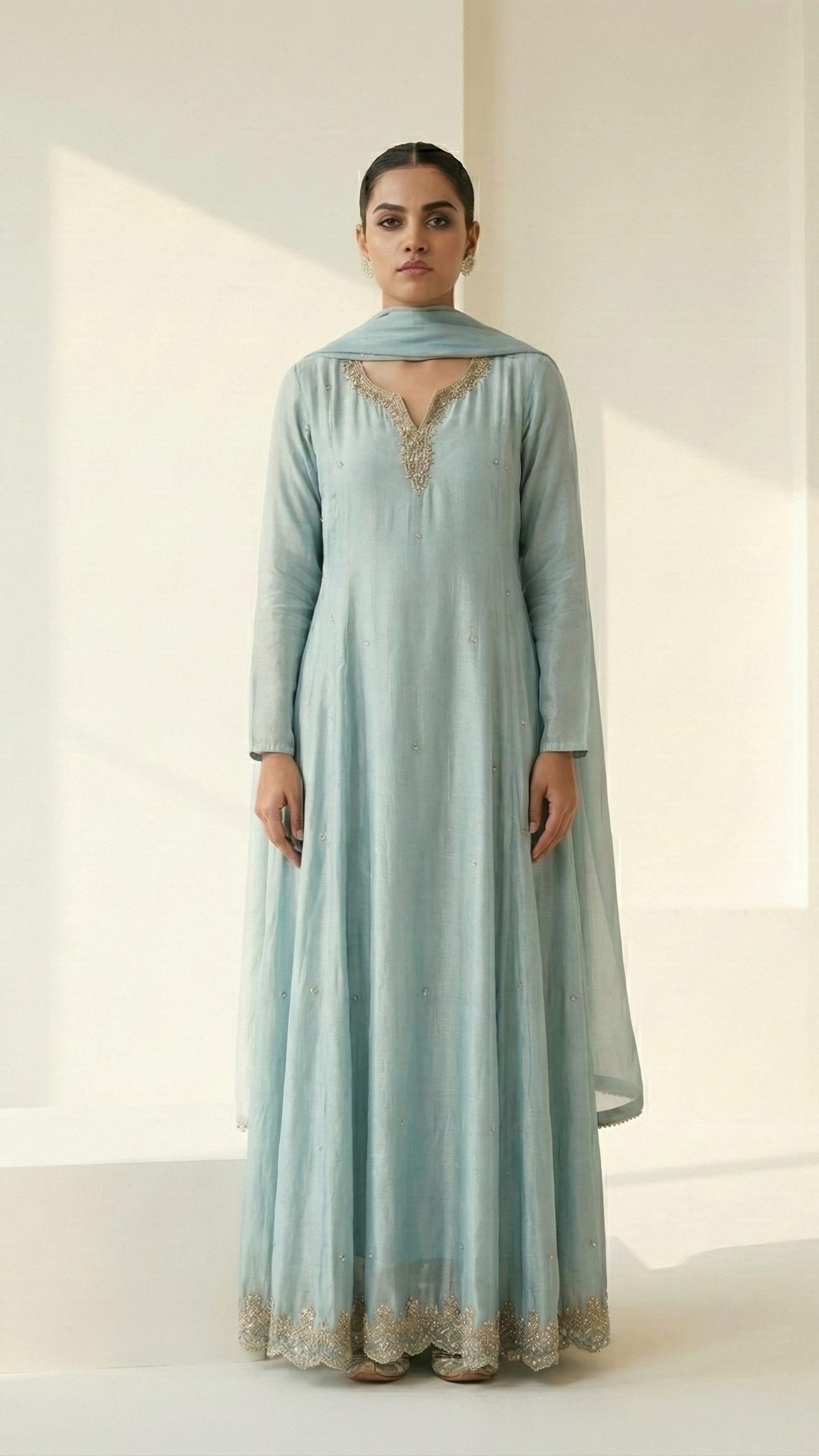 Pastel Aqua Blue Chinnon Anarkali Suit Set with Matching Dupatta & Pants