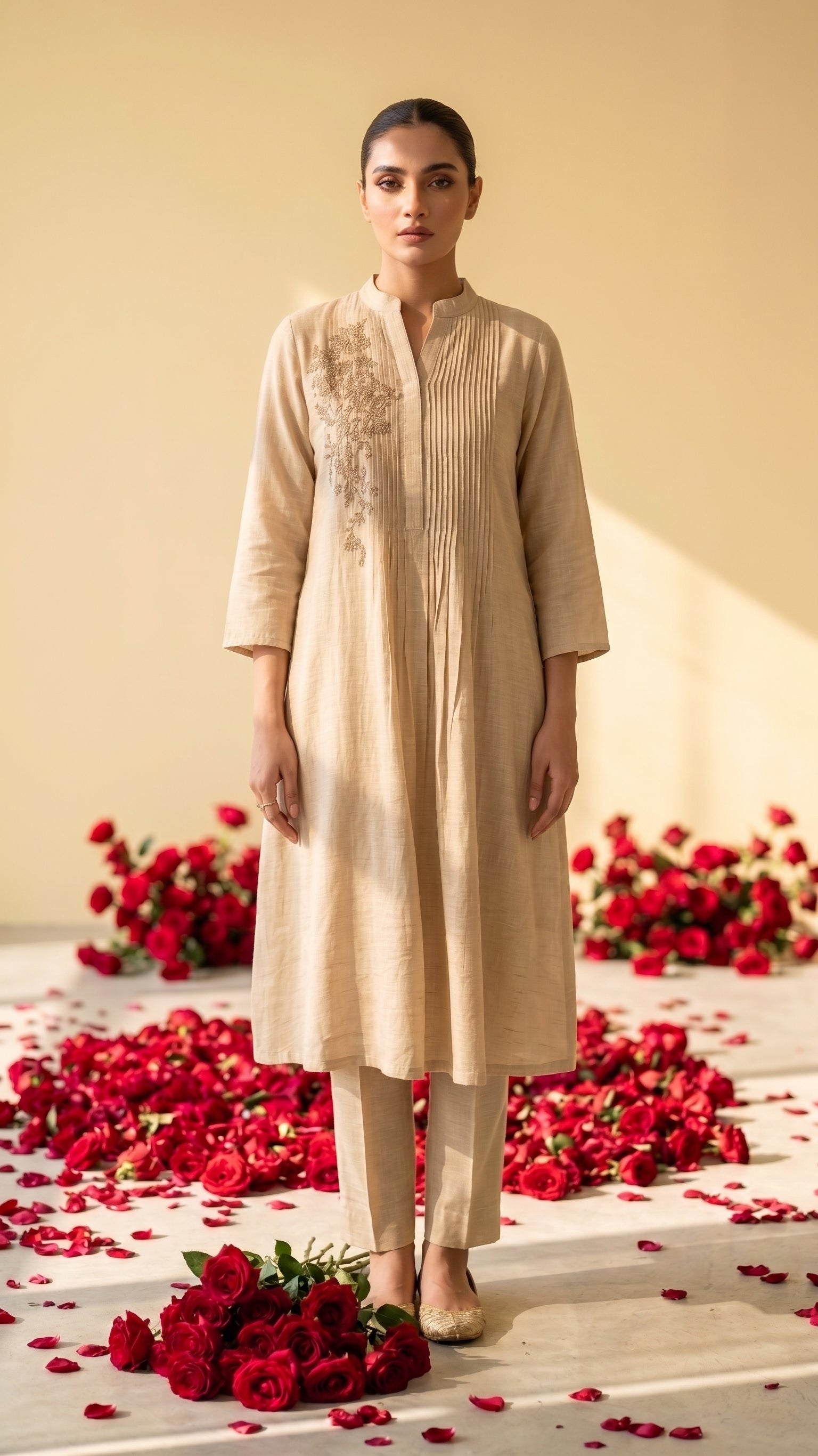 Champagne Beige Mul Chanderi Embroidered Suit with Pants & Dupatta