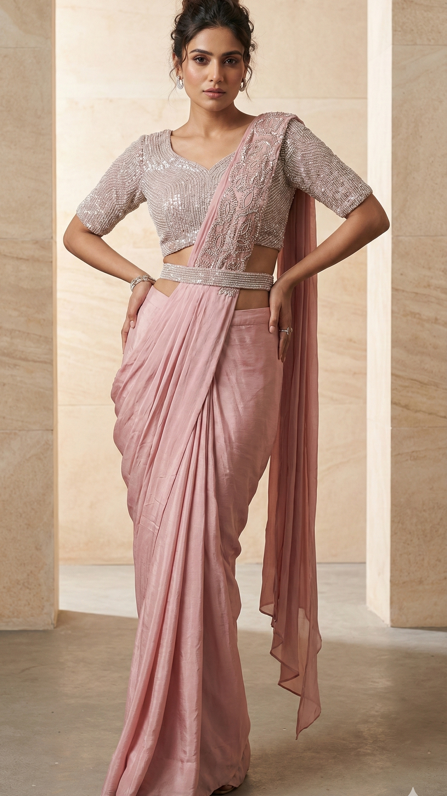 Elegant Chinon Silk Ready-to-Wear Saree with Embroidered Blouse