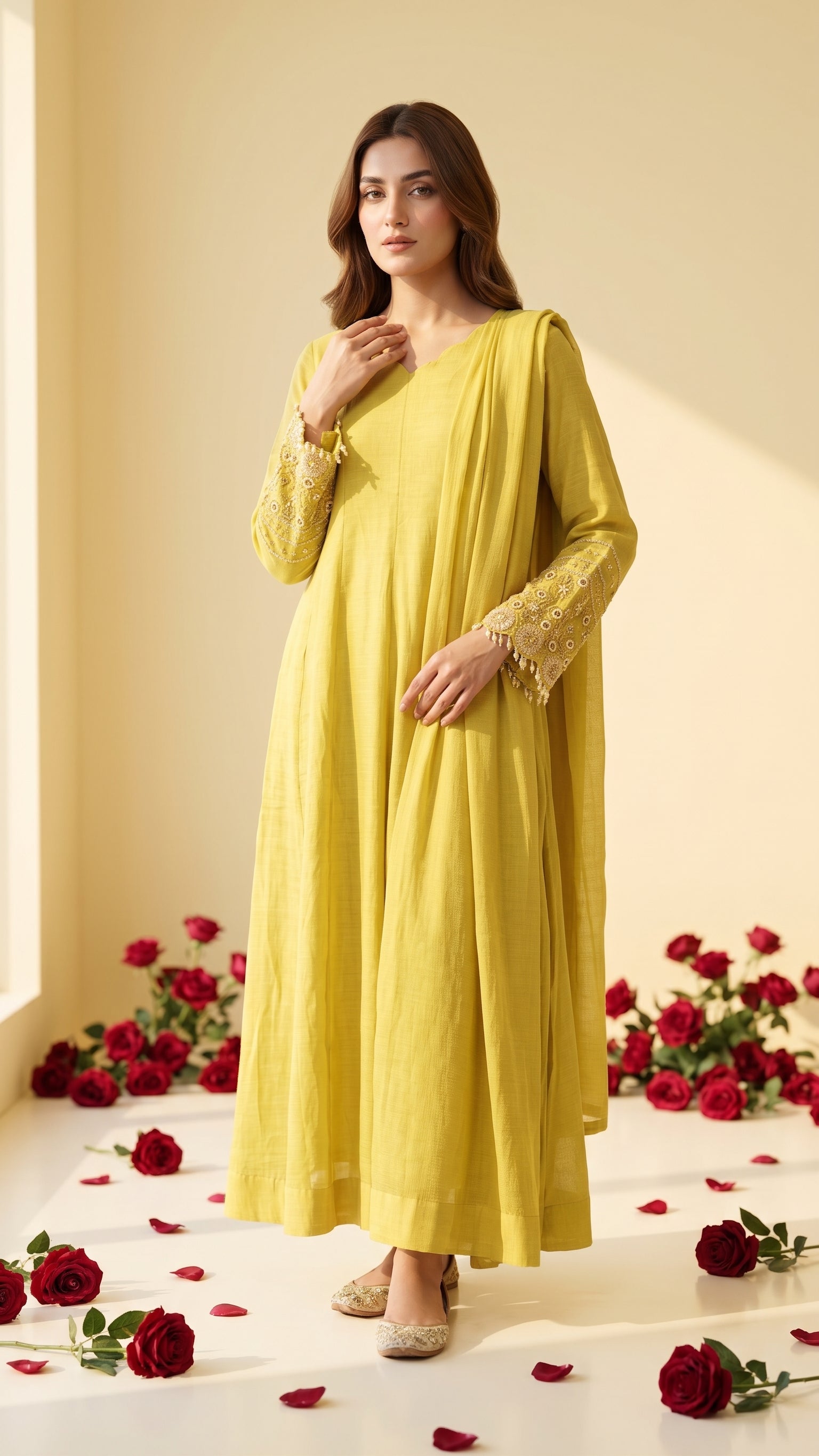 Lime Yellow Mul Chanderi Anarkali Suit with Embroidered Sleeves & Dupatta